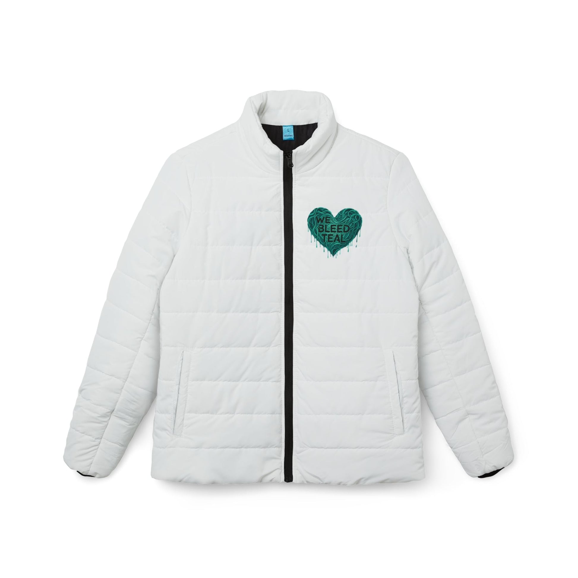 Teal Heart Women’s Puffer Jacket, Warm Winter Coat, Inspirational Outerwear, Teal Awareness, Gift for Her, Stylish Layering Jacket Printify