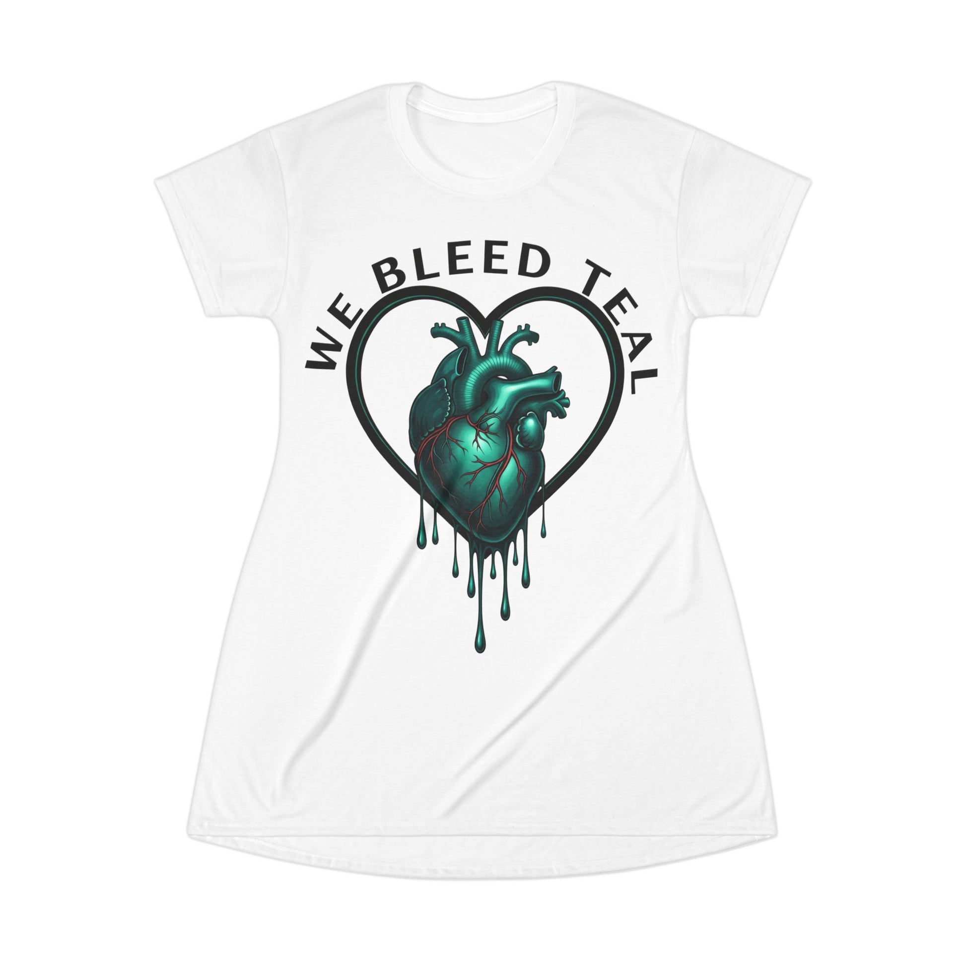 Teal Heart T-Shirt Dress - We Bleed Teal Statement Dress, Women's Casual Summer Outfit, Gift for Awareness, Eco-Friendly Fashion, Everyday Wear