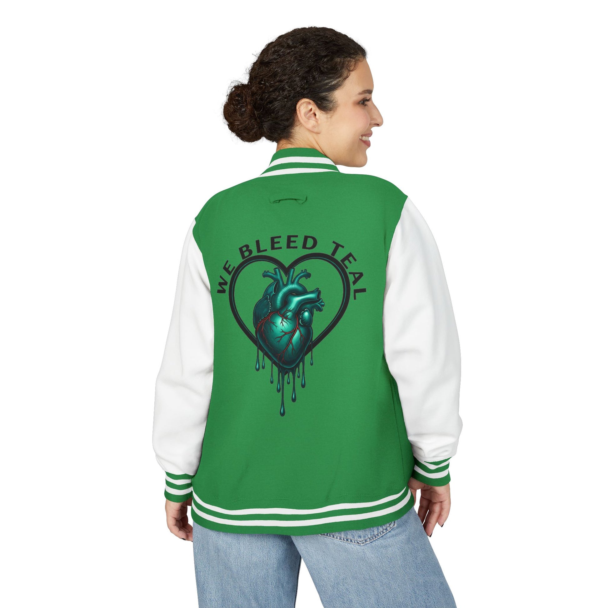 Unisex Heavyweight Letterman Jacket with We Bleed Teal Design | Comfort Wear for Game Day, Sports Events, Nostalgia Rides, [...]