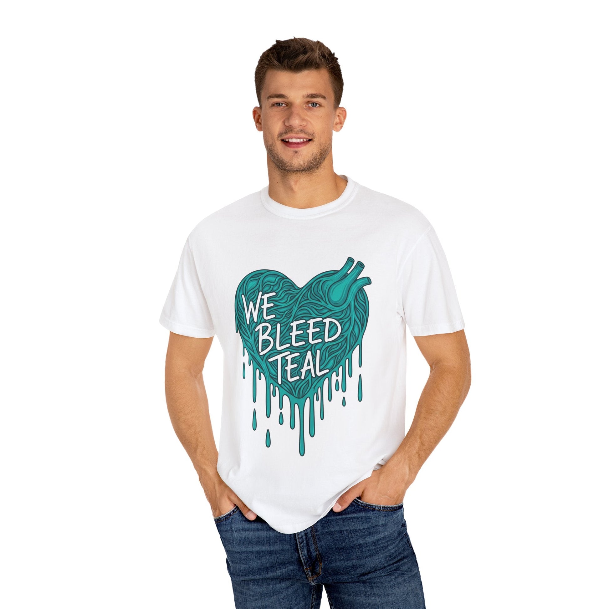 Teal Heart Awareness T-Shirt, Supportive Gift for Friends, Unisex Casual Tee, Perfect for Awareness Events, WE BLEED TEAL Design Printify