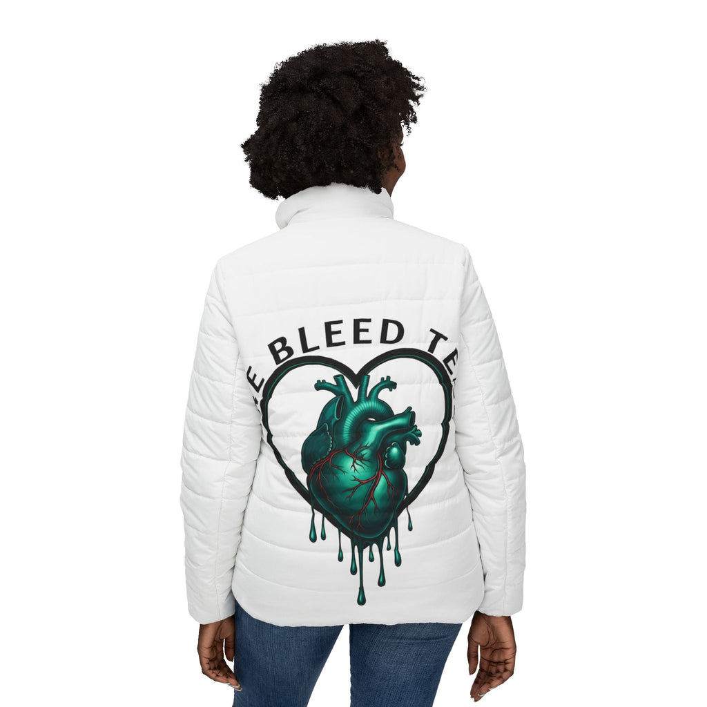 Stylish Women’s Puffer Jacket: We Bleed Teal, Cozy Outerwear, Winter Jacket, Fashion Outerwear, Gift for Her Printify