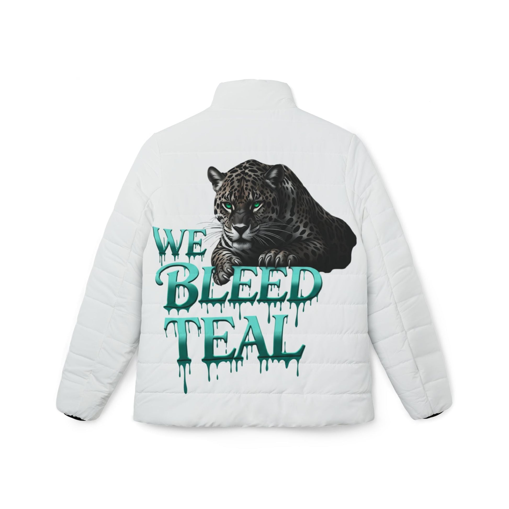 Teal Panther Puffer Jacket, Trendy Women's Outerwear, Perfect for Fall, Sports Fan Gear, Unique Gift for Her, Stylish Casual Wear Printify