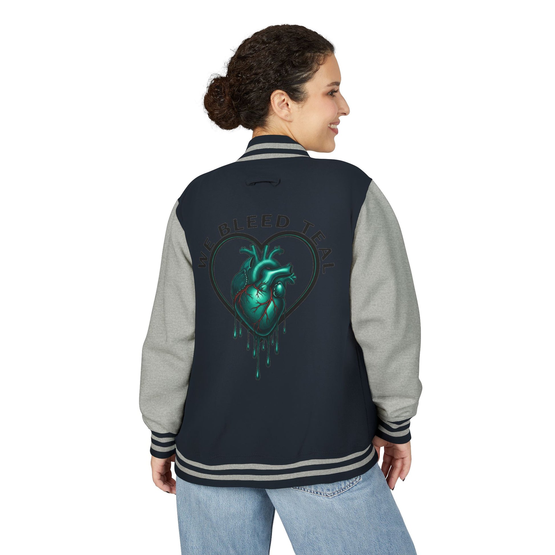 Unisex Heavyweight Letterman Jacket with We Bleed Teal Design | Comfort Wear for Game Day, Sports Events, Nostalgia Rides, [...]