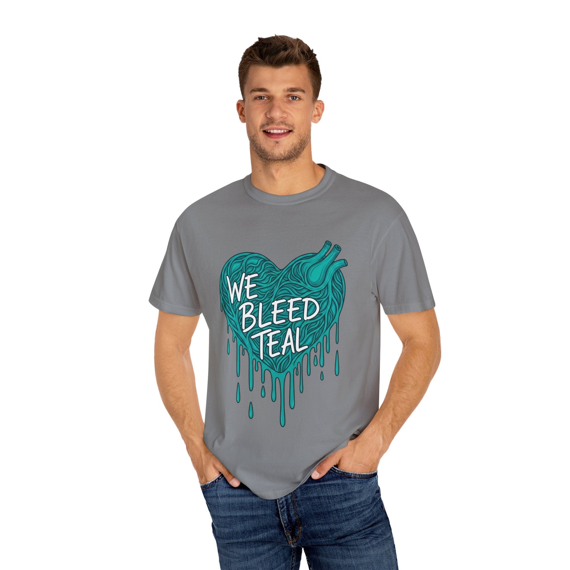 Teal Heart Awareness T-Shirt, Supportive Gift for Friends, Unisex Casual Tee, Perfect for Awareness Events, WE BLEED TEAL Design Printify