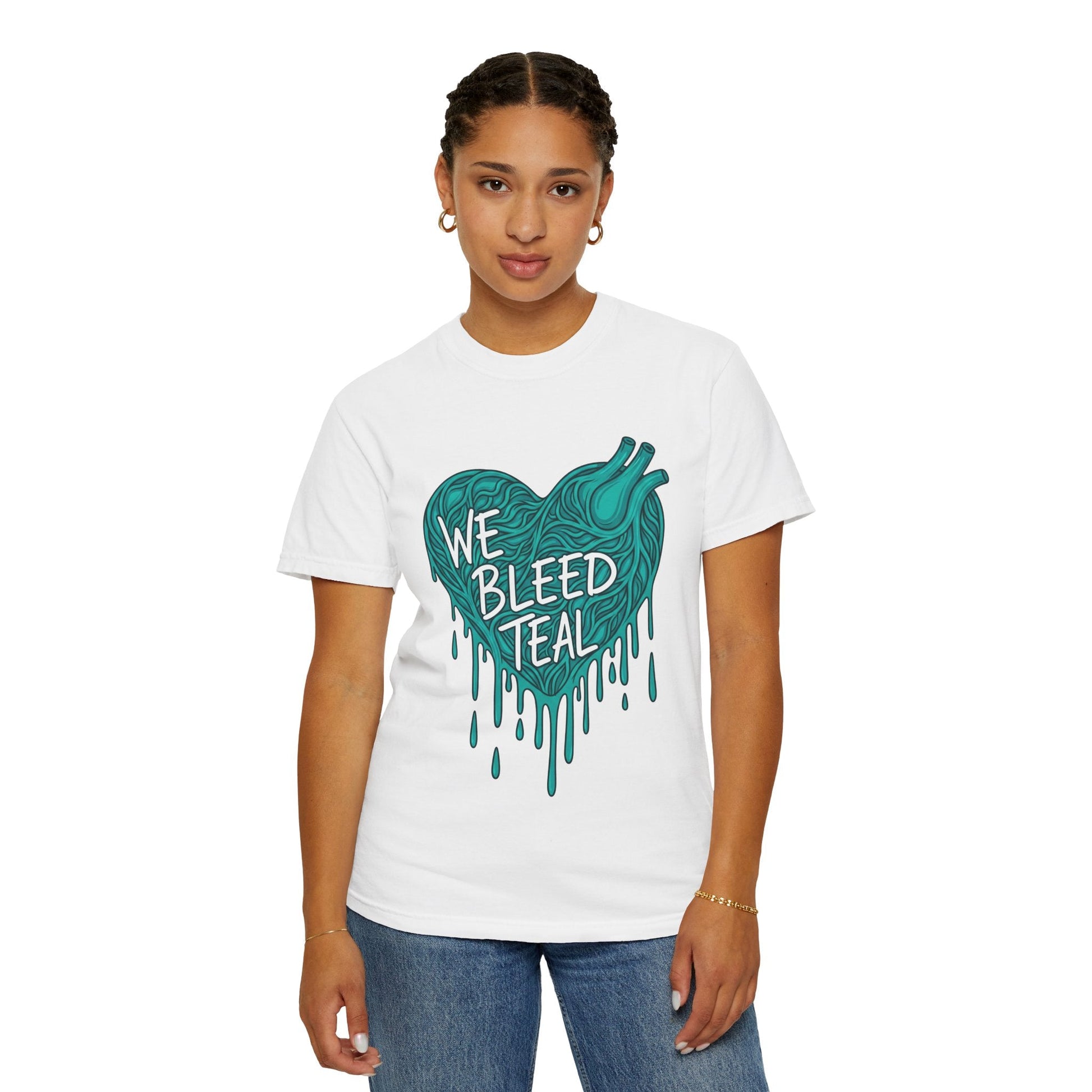 Teal Heart Awareness T-Shirt, Supportive Gift for Friends, Unisex Casual Tee, Perfect for Awareness Events, WE BLEED TEAL Design Printify