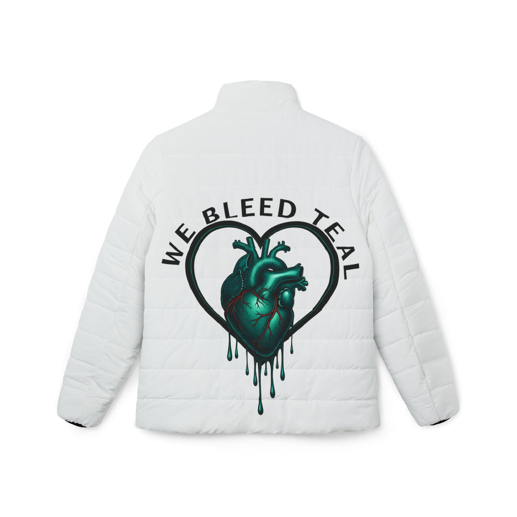 Stylish Women’s Puffer Jacket: We Bleed Teal, Cozy Outerwear, Winter Jacket, Fashion Outerwear, Gift for Her Printify