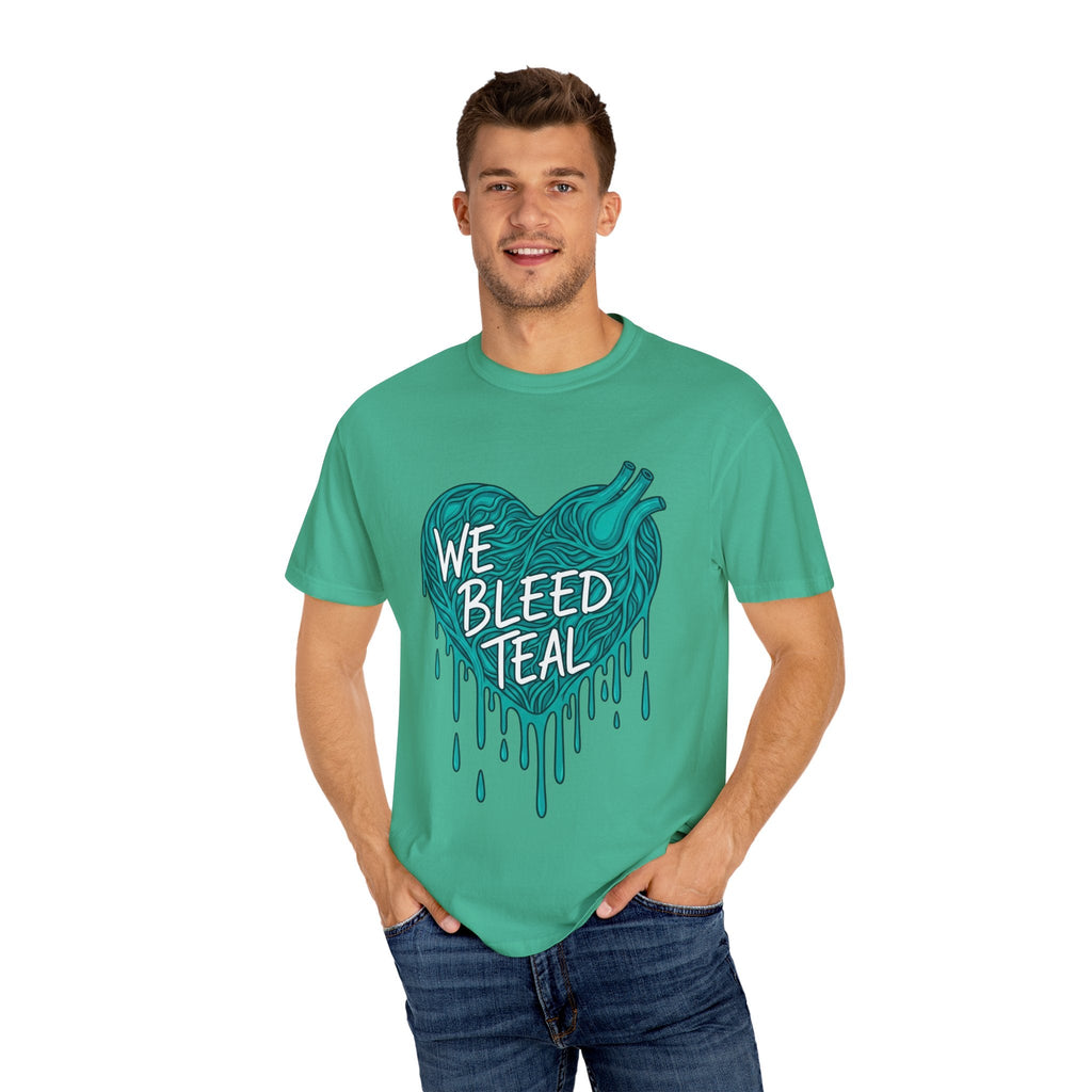 Teal Heart Awareness T-Shirt, Supportive Gift for Friends, Unisex Casual Tee, Perfect for Awareness Events, WE BLEED TEAL Design Printify