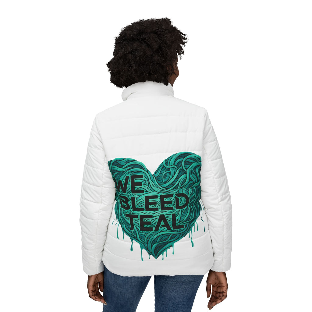 Teal Heart Women’s Puffer Jacket, Warm Winter Coat, Inspirational Outerwear, Teal Awareness, Gift for Her, Stylish Layering Jacket Printify