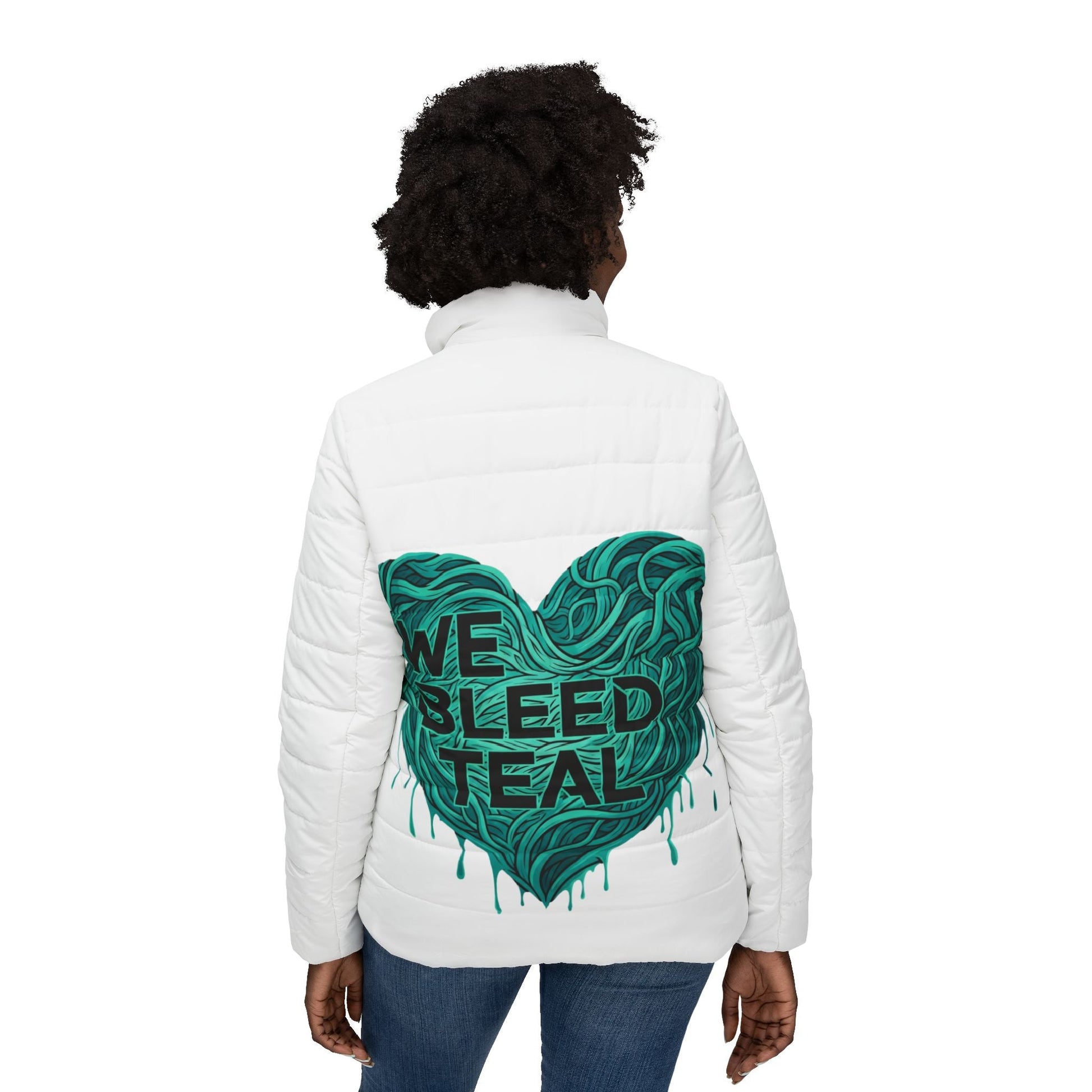 Teal Heart Women’s Puffer Jacket, Warm Winter Coat, Inspirational Outerwear, Teal Awareness, Gift for Her, Stylish Layering Jacket Printify