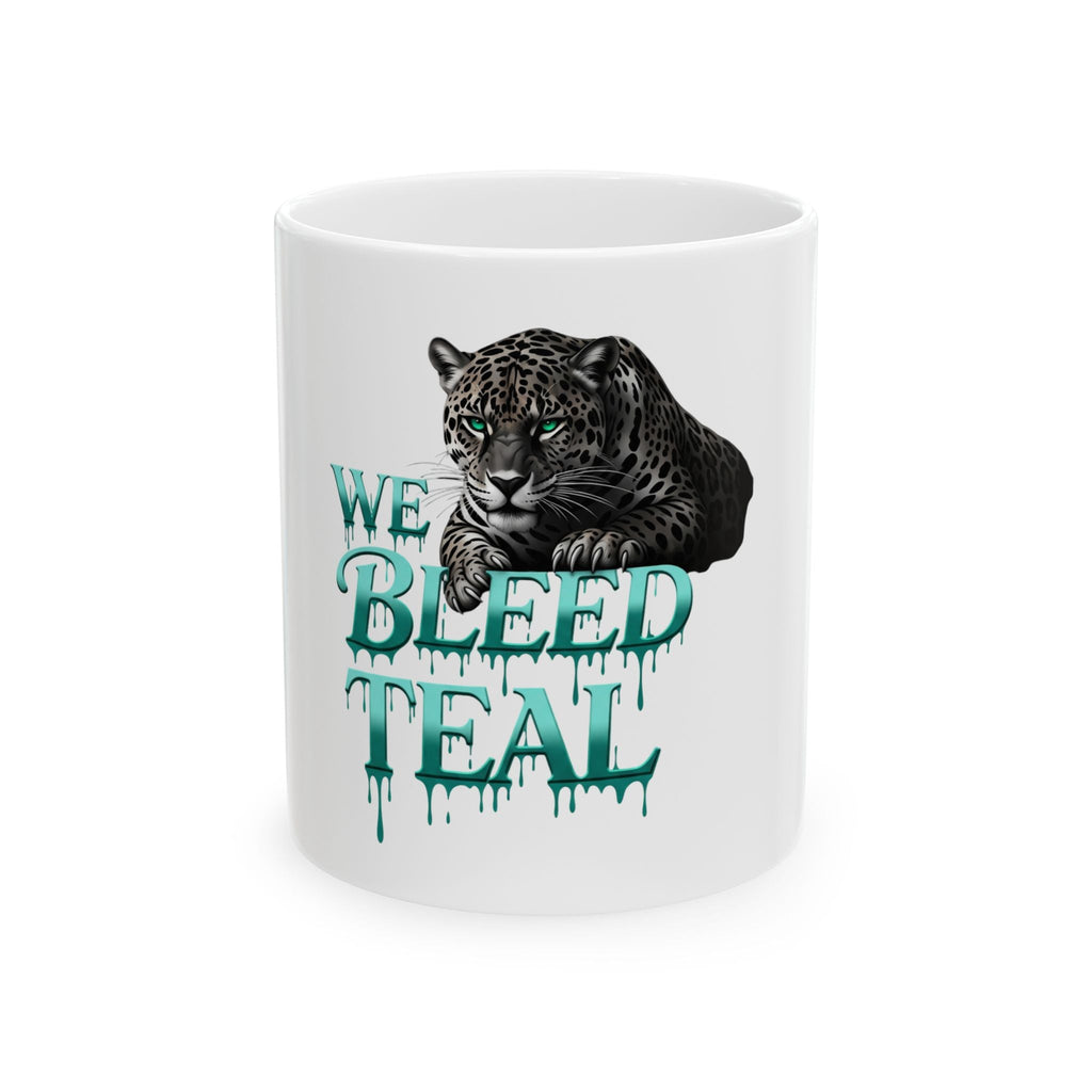 Teal Leopard Mug - We Bleed Teal Coffee Cup, Ceramic Tea Mug, Gift for Animal Lovers, Unique Drinkware for Special Occasions Printify