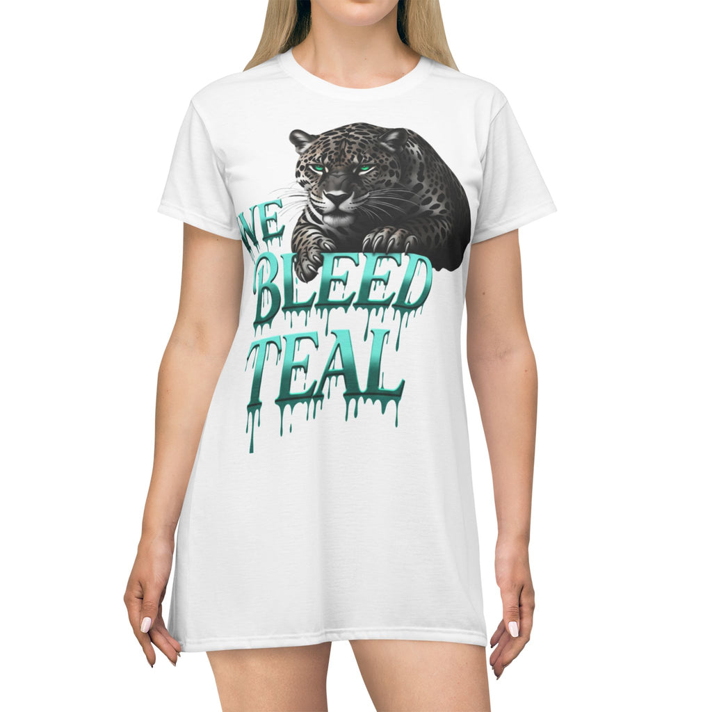 Teal Panther Graphic T-Shirt Dress, Unique Casual Wear, Women's Summer Dress, Gift for Nature Lovers, Festival Outfit, Cute Lounge Dress