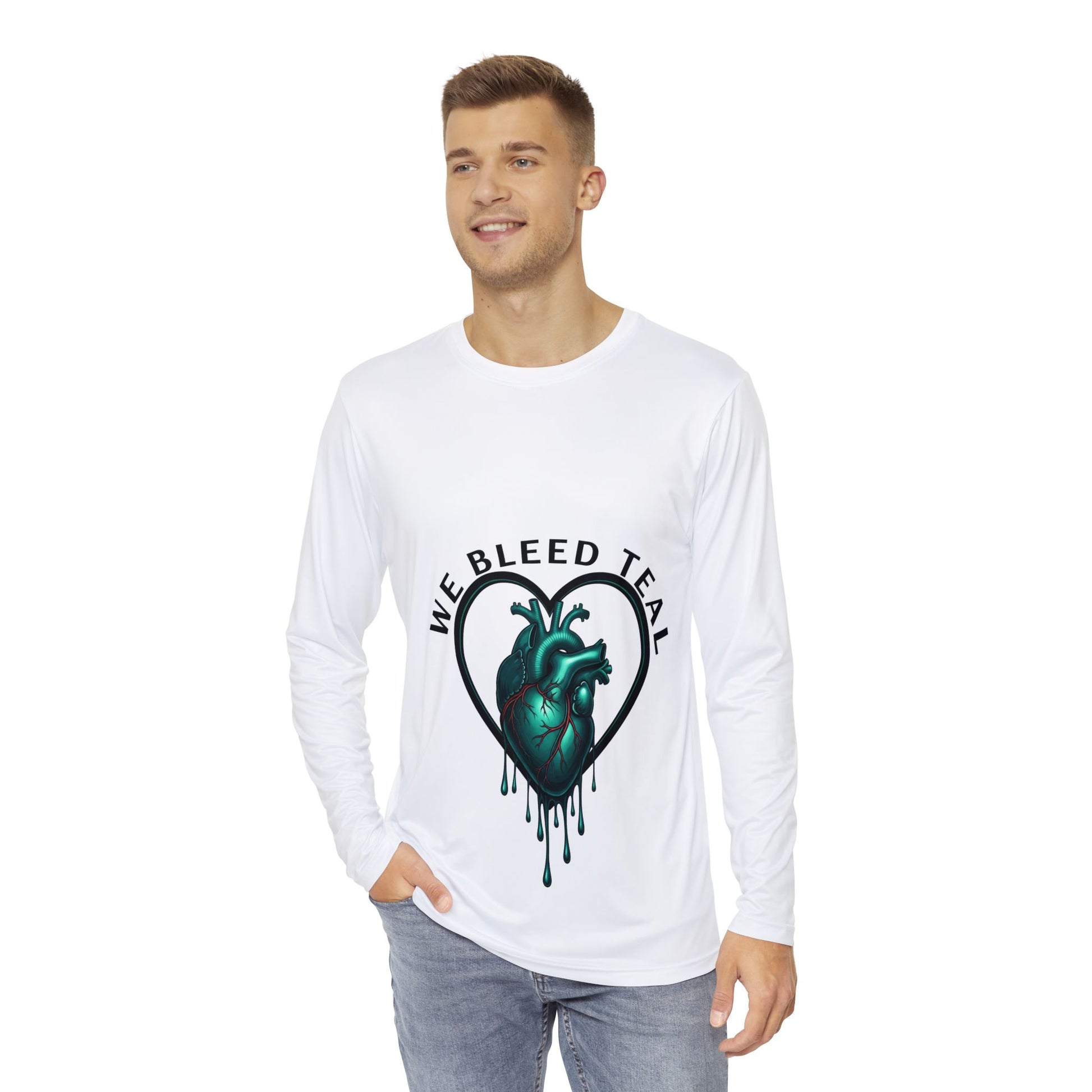 Teal Heart Long Sleeve Shirt, Teal Awareness Shirt, Men's Casual Shirt, Heart Design Apparel, Gifts for Awareness Month