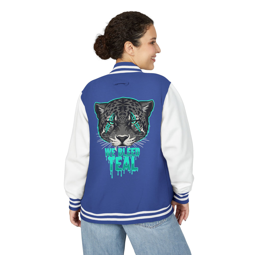 Teal Cheetah Letterman Jacket, Unisex Varsity Jacket, Stylish College Apparel, Gift for Sports Fans, Trendy Streetwear, Casual Fashion