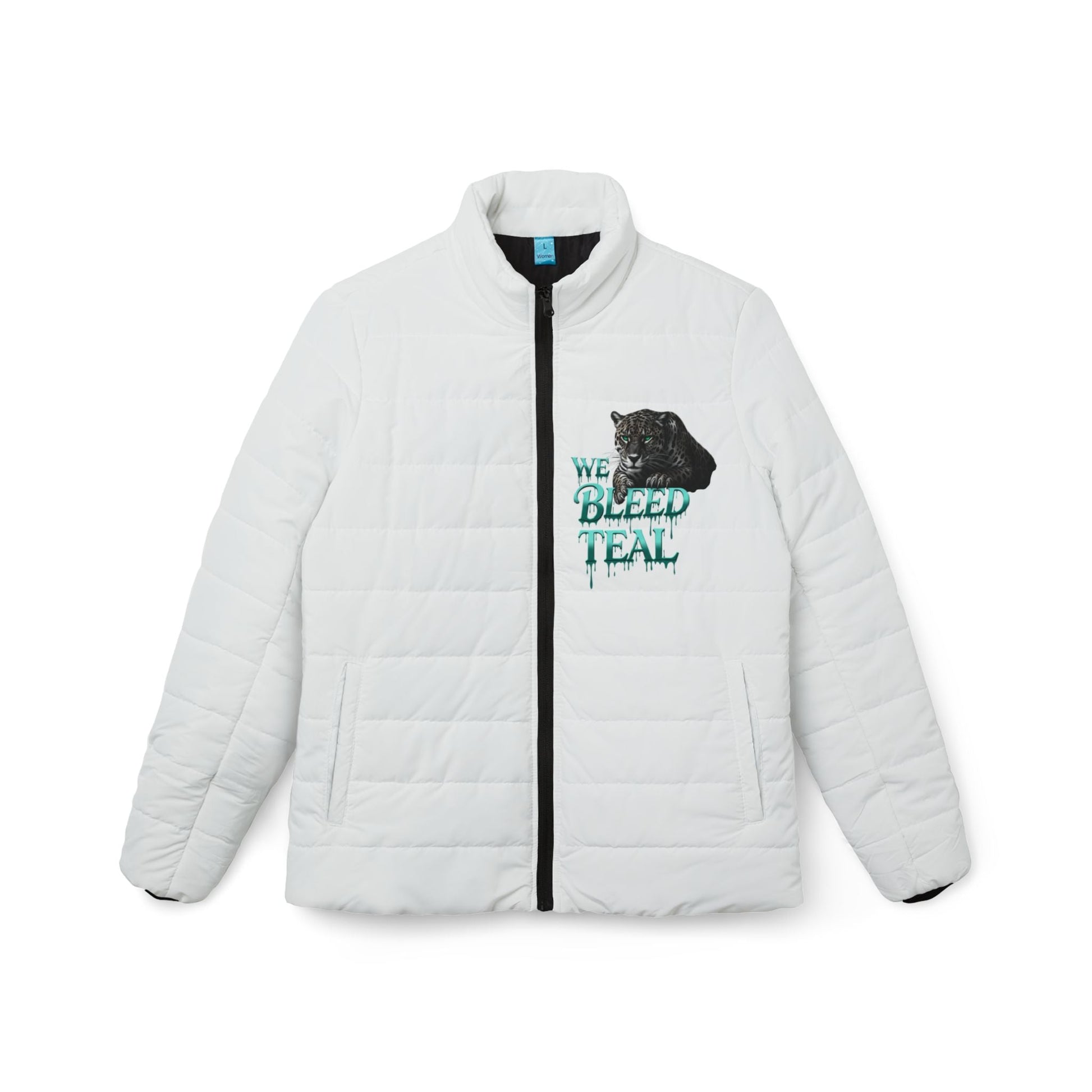 Teal Panther Puffer Jacket, Trendy Women's Outerwear, Perfect for Fall, Sports Fan Gear, Unique Gift for Her, Stylish Casual Wear Printify