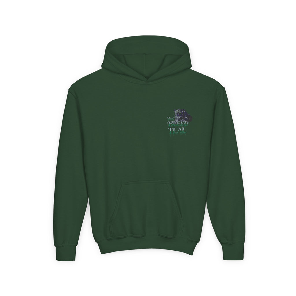 Youth Hooded Sweatshirt - Cozy Charm, Perfect for Teens, Gift for Birthdays, Casual Outfits, School Wear, We Bleed Teal Design