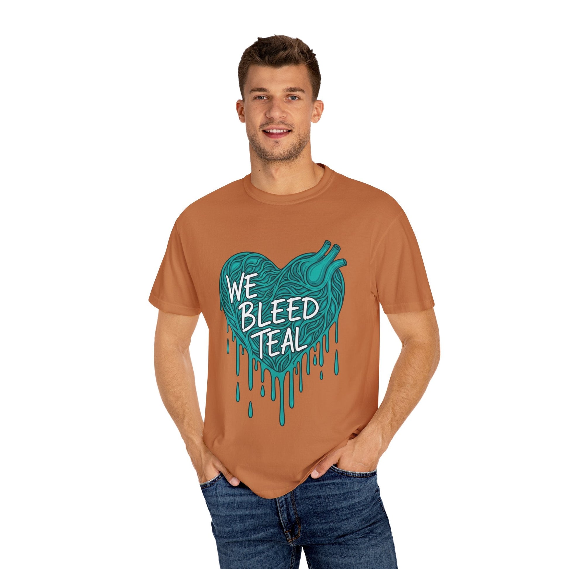Teal Heart Awareness T-Shirt, Supportive Gift for Friends, Unisex Casual Tee, Perfect for Awareness Events, WE BLEED TEAL Design Printify