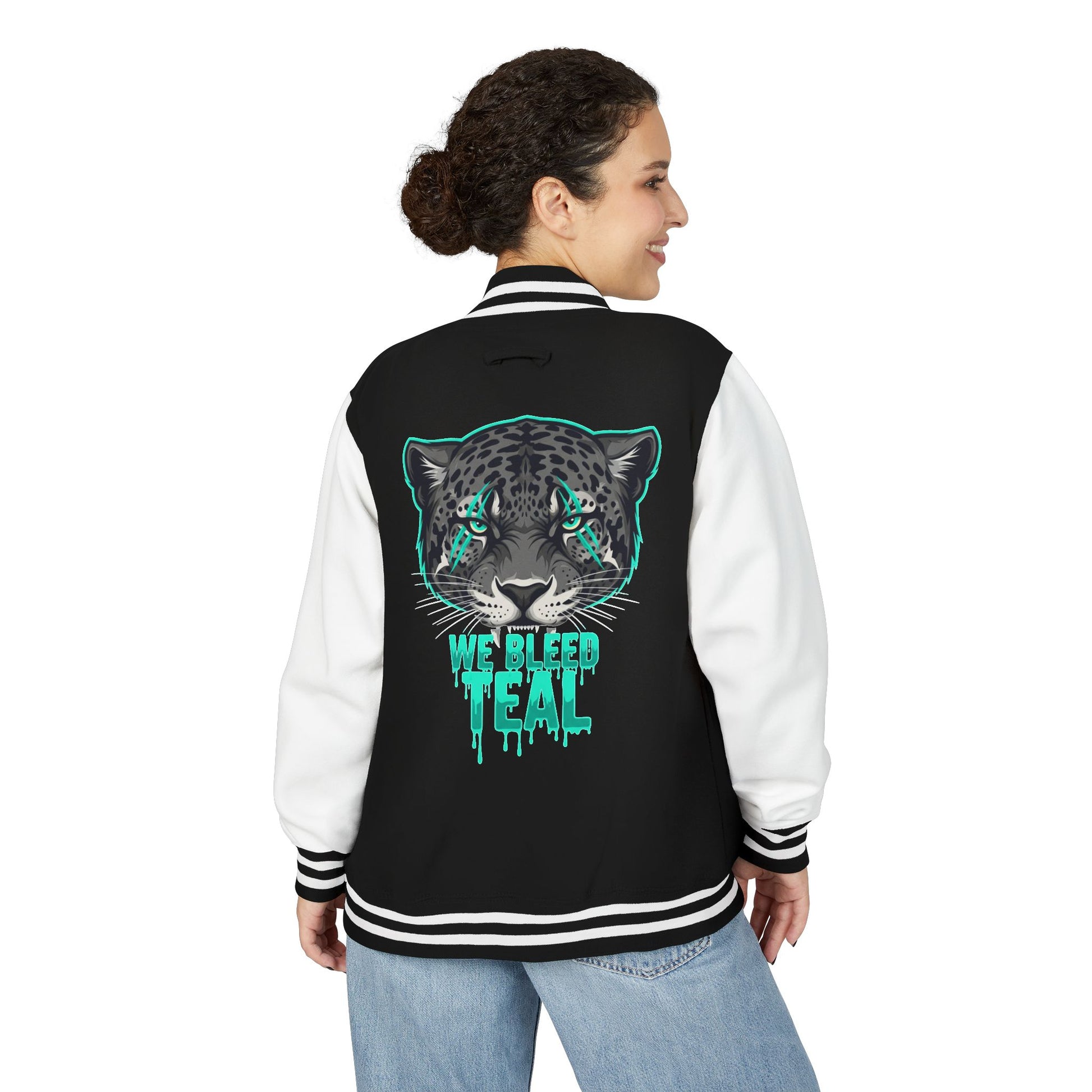 Teal Cheetah Letterman Jacket, Unisex Varsity Jacket, Stylish College Apparel, Gift for Sports Fans, Trendy Streetwear, Casual Fashion