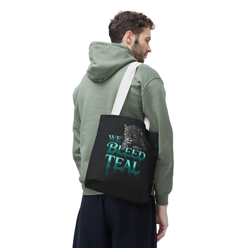 Stylish AOP Tote Bag - We Bleed Teal, Eco-Friendly Shopping Bag, Trendy Canvas Tote, Unique Gift, Perfect for Sports Fans, Everyday Use Printify