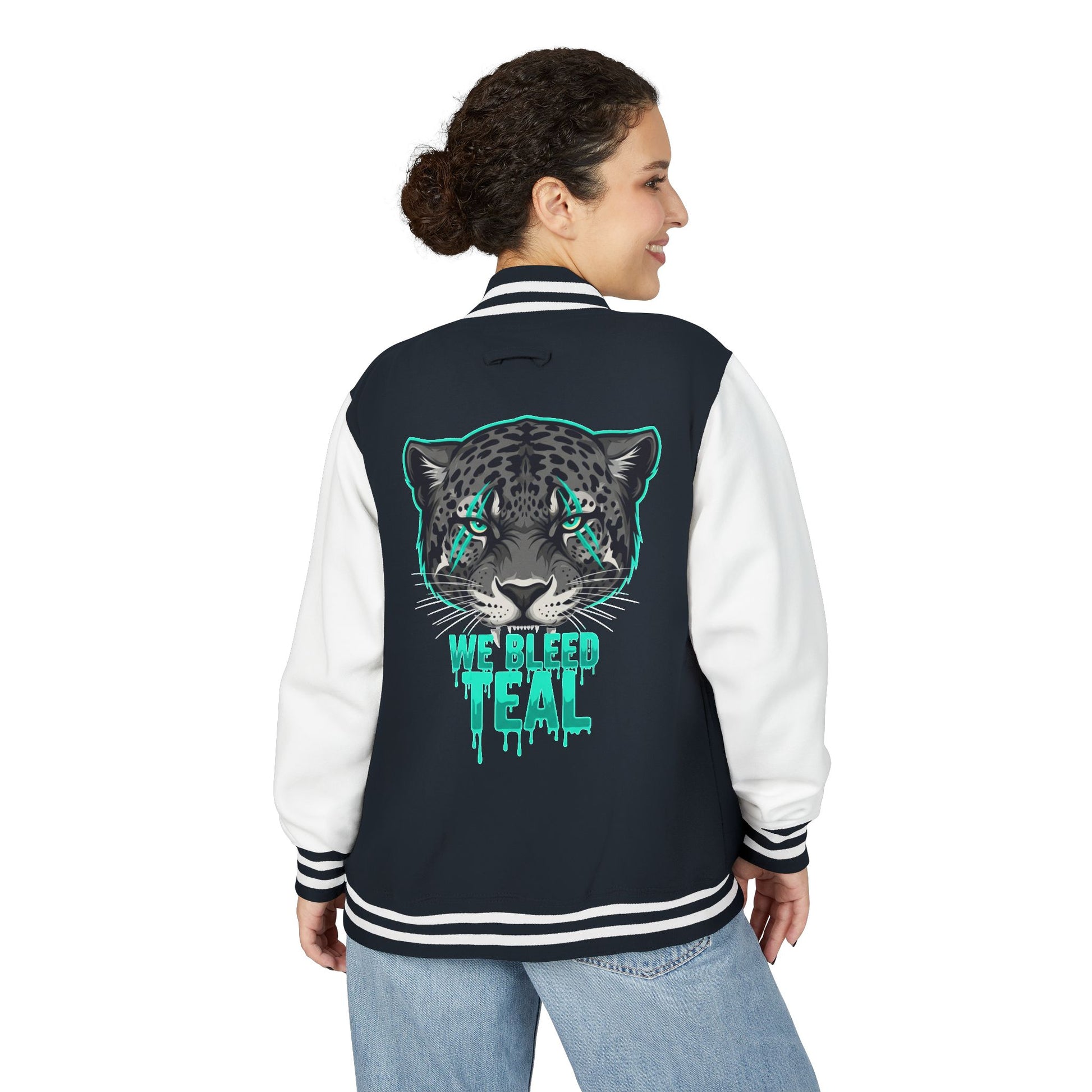 Teal Cheetah Letterman Jacket, Unisex Varsity Jacket, Stylish College Apparel, Gift for Sports Fans, Trendy Streetwear, Casual Fashion