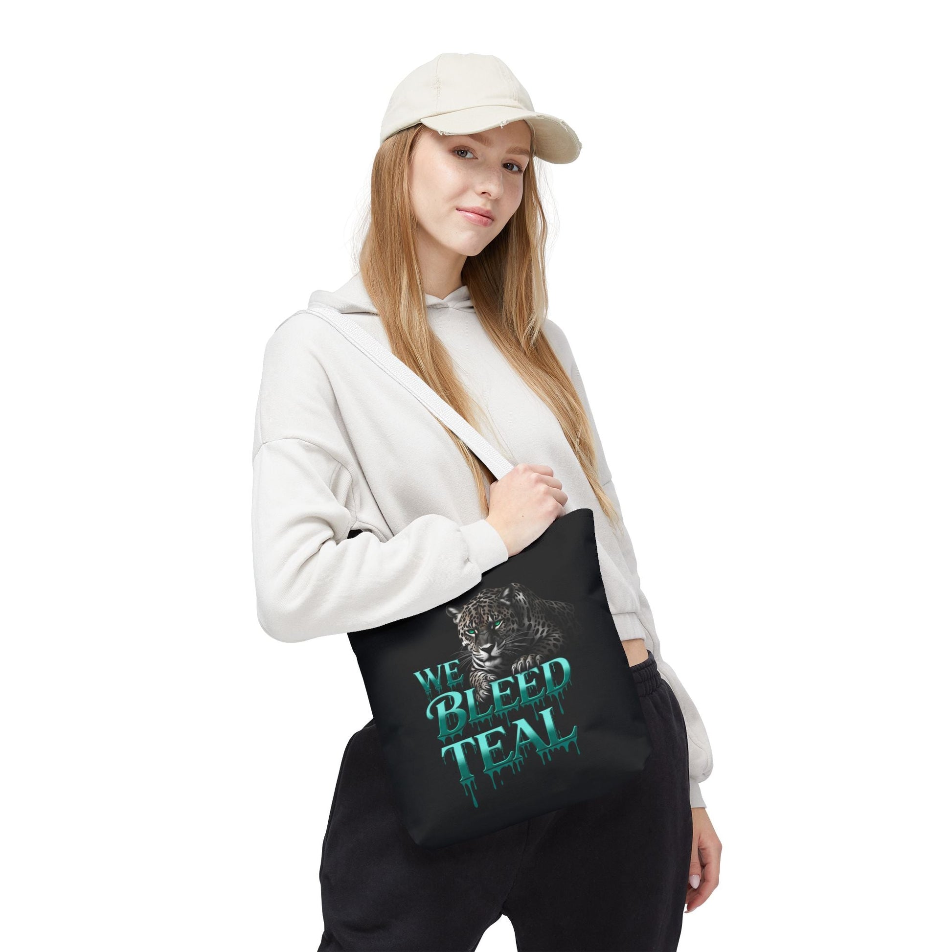 Stylish AOP Tote Bag - We Bleed Teal, Eco-Friendly Shopping Bag, Trendy Canvas Tote, Unique Gift, Perfect for Sports Fans, Everyday Use Printify