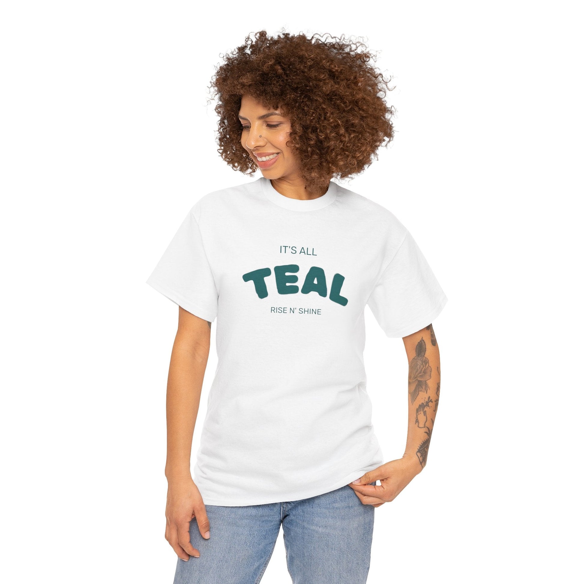 Unisex Teal Graphic Tee - Rise N Shine, Casual Wear, Gift for Her, Everyday Style, Summer Fashion