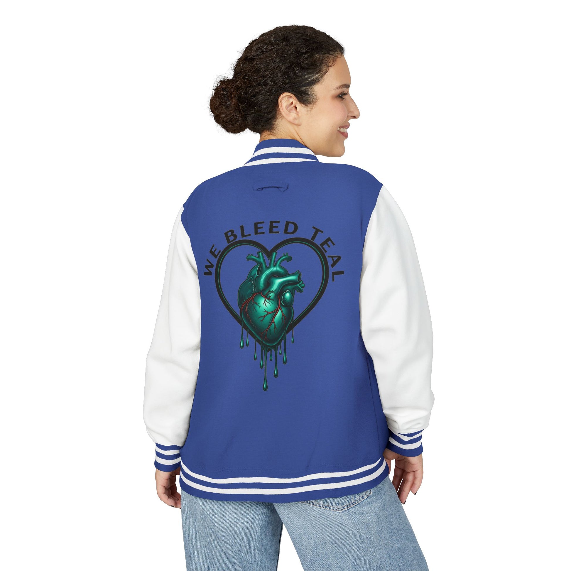 Unisex Heavyweight Letterman Jacket with We Bleed Teal Design | Comfort Wear for Game Day, Sports Events, Nostalgia Rides, [...]