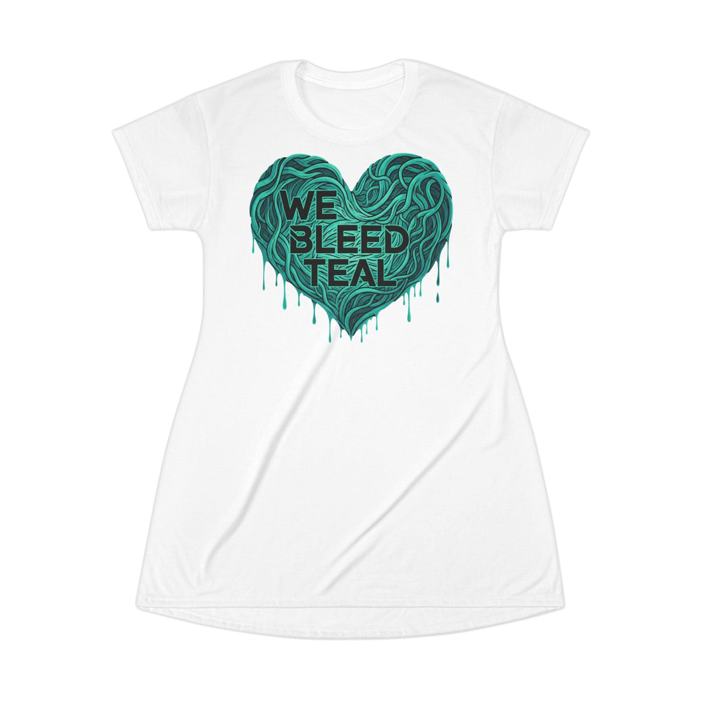 Teal Heart T-Shirt Dress, We Bleed Teal, Cute Casual Dress, Gifts for Her, Summer Fashion, Heart Design Dress, Everyday Wear Printify
