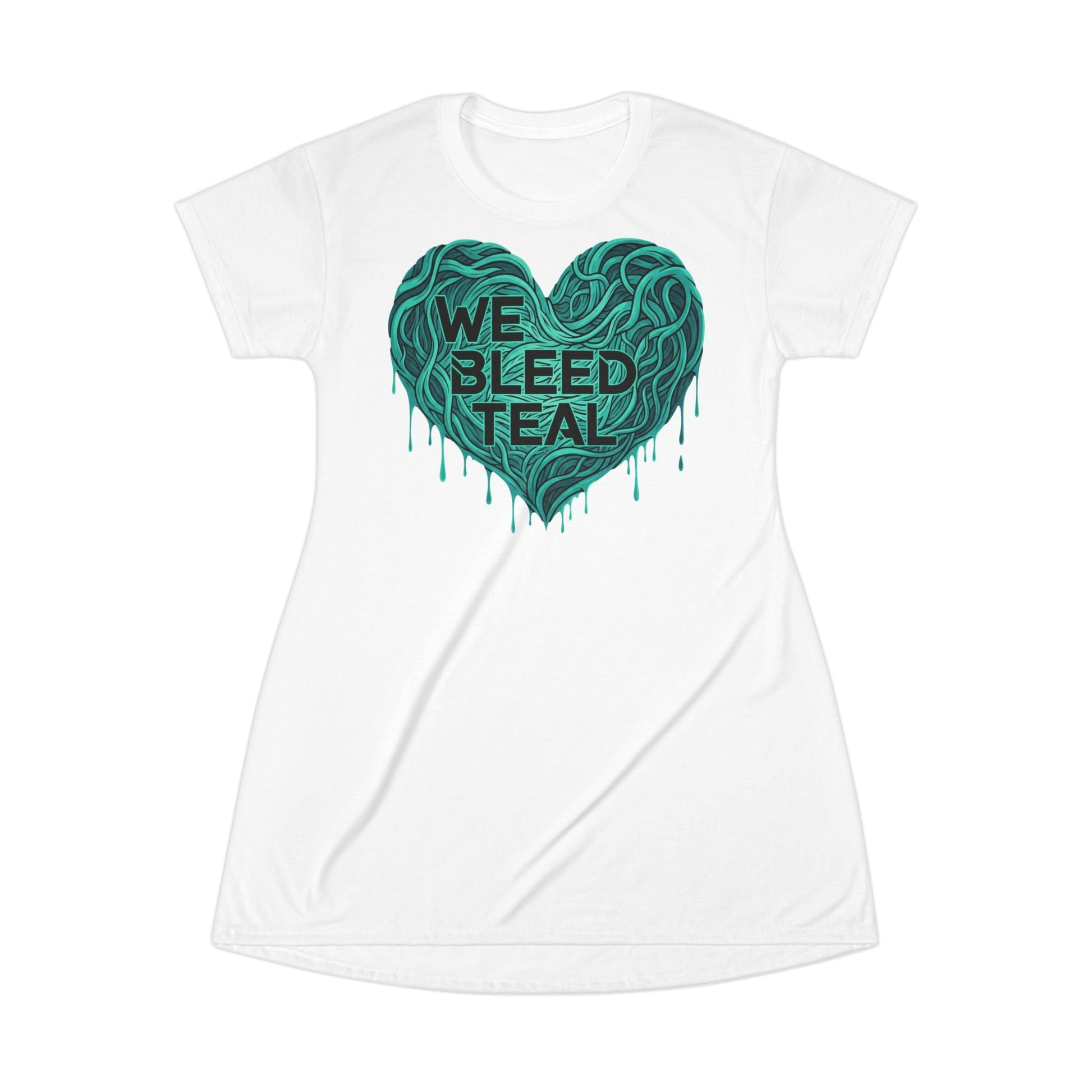 Teal Heart T-Shirt Dress, We Bleed Teal, Cute Casual Dress, Gifts for Her, Summer Fashion, Heart Design Dress, Everyday Wear Printify