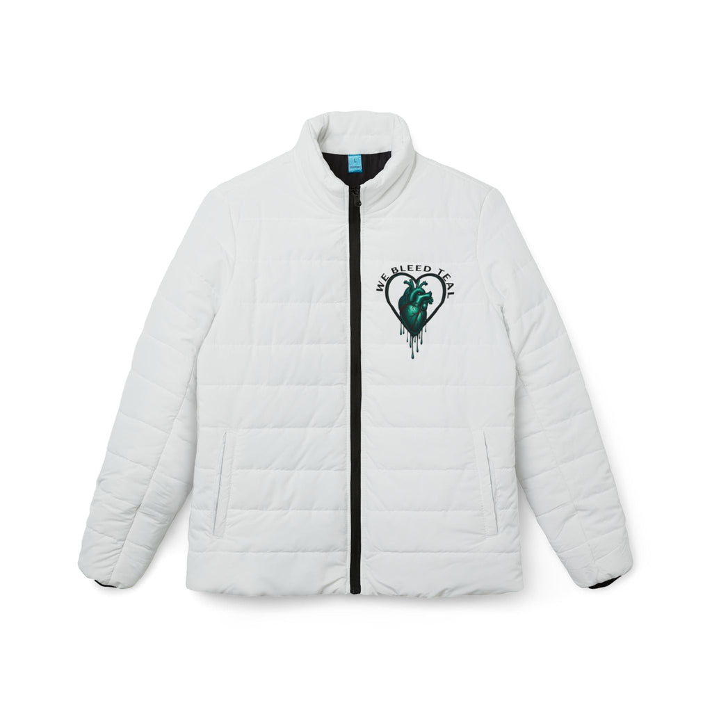 Stylish Women’s Puffer Jacket: We Bleed Teal, Cozy Outerwear, Winter Jacket, Fashion Outerwear, Gift for Her Printify