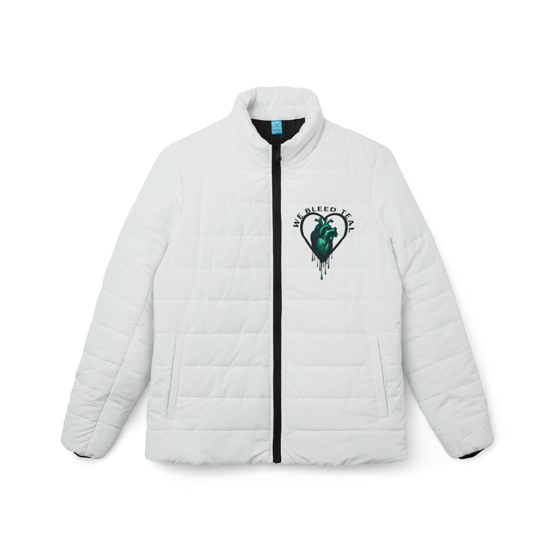 Stylish Women’s Puffer Jacket: We Bleed Teal, Cozy Outerwear, Winter Jacket, Fashion Outerwear, Gift for Her Printify