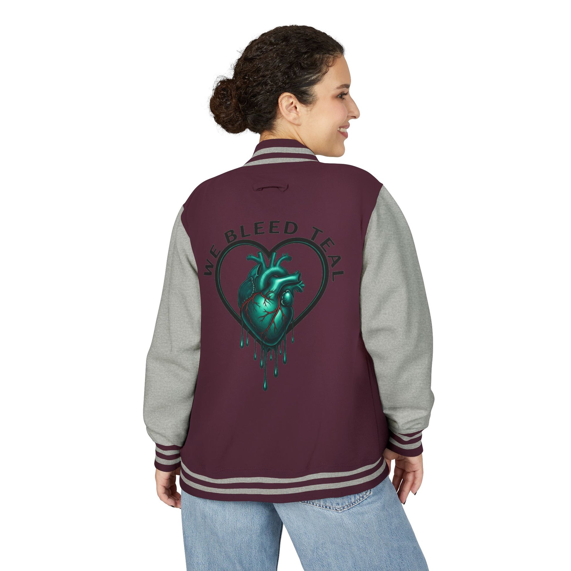 Unisex Heavyweight Letterman Jacket with We Bleed Teal Design | Comfort Wear for Game Day, Sports Events, Nostalgia Rides, [...]