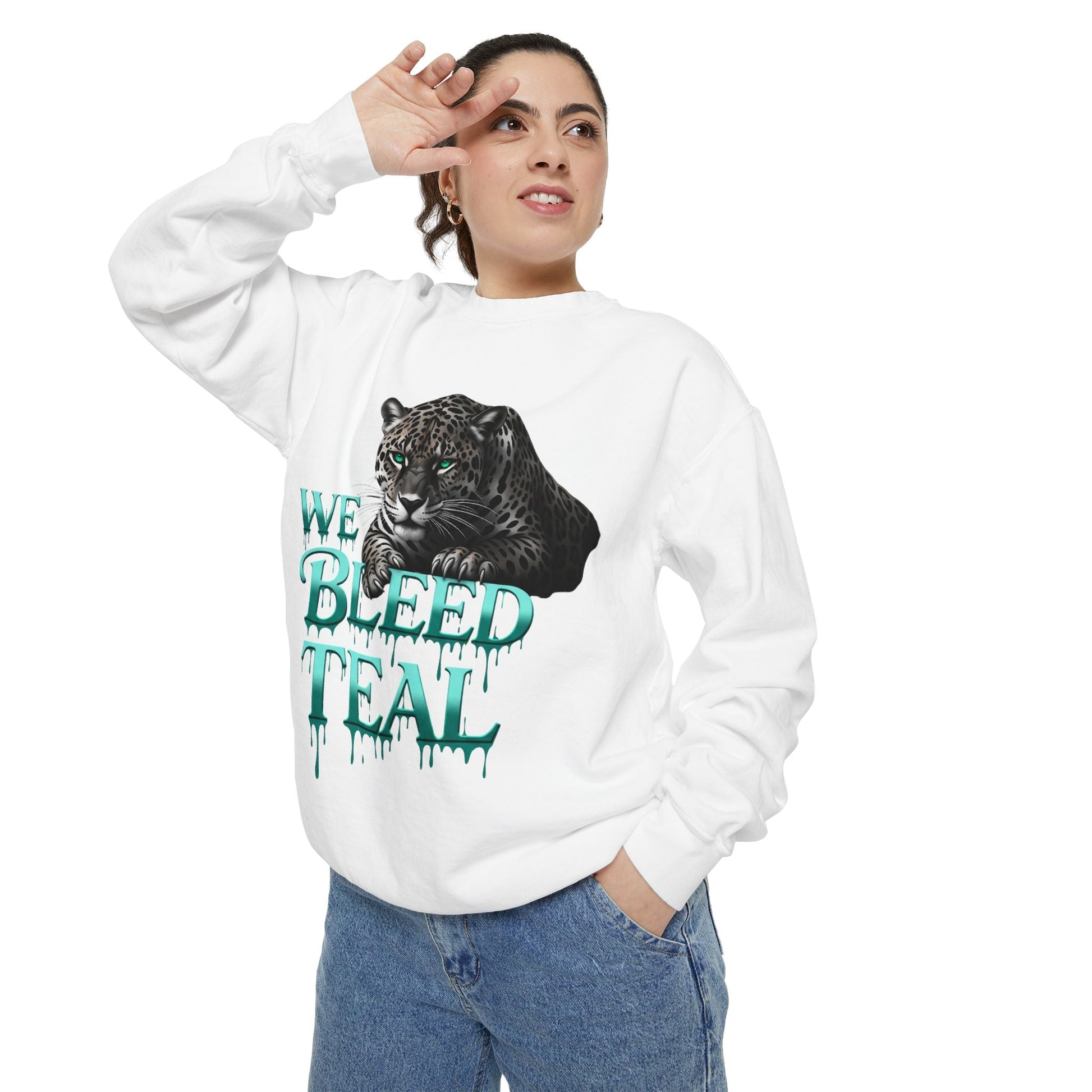 Teal Panther Sweatshirt, Cozy Unisex Sweatshirt, Trendy Fall Fashion, Perfect for Game Day, Unique Gift Idea, Casual Wear Printify