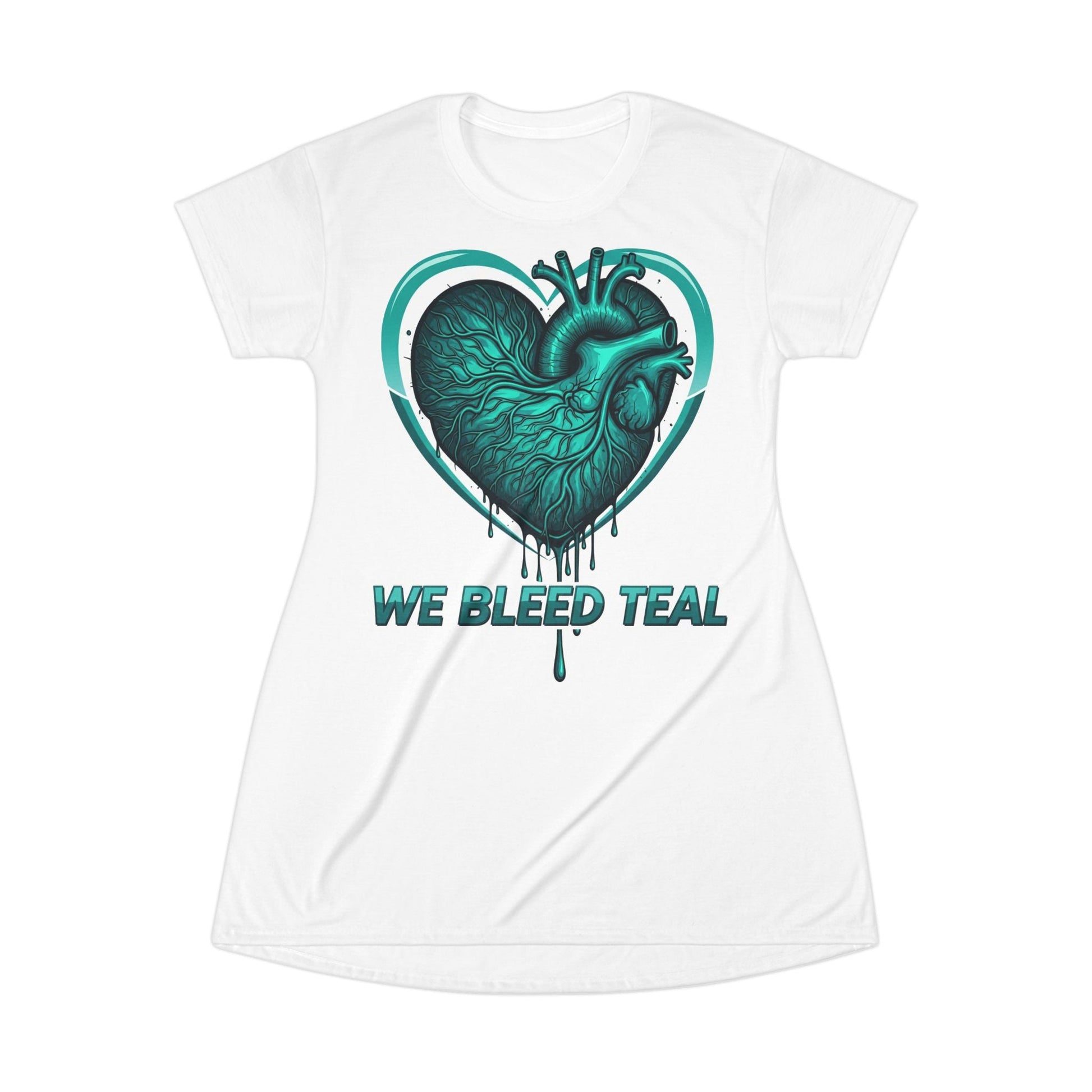 Teal Heart Graphic T-Shirt Dress, Casual Dress, Statement Dress, Gift for Her, Wearable Art, We Bleed Teal Printify