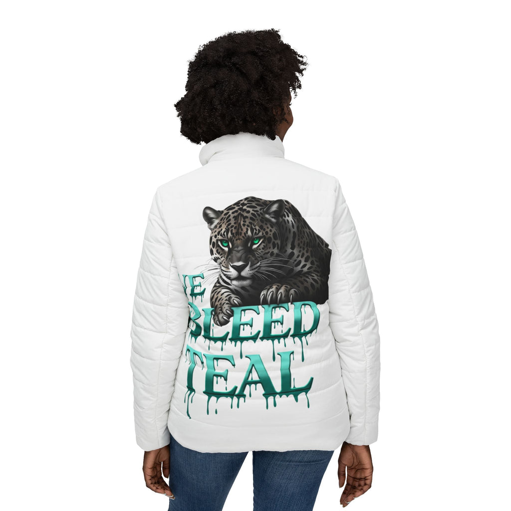 Teal Panther Puffer Jacket, Trendy Women's Outerwear, Perfect for Fall, Sports Fan Gear, Unique Gift for Her, Stylish Casual Wear Printify