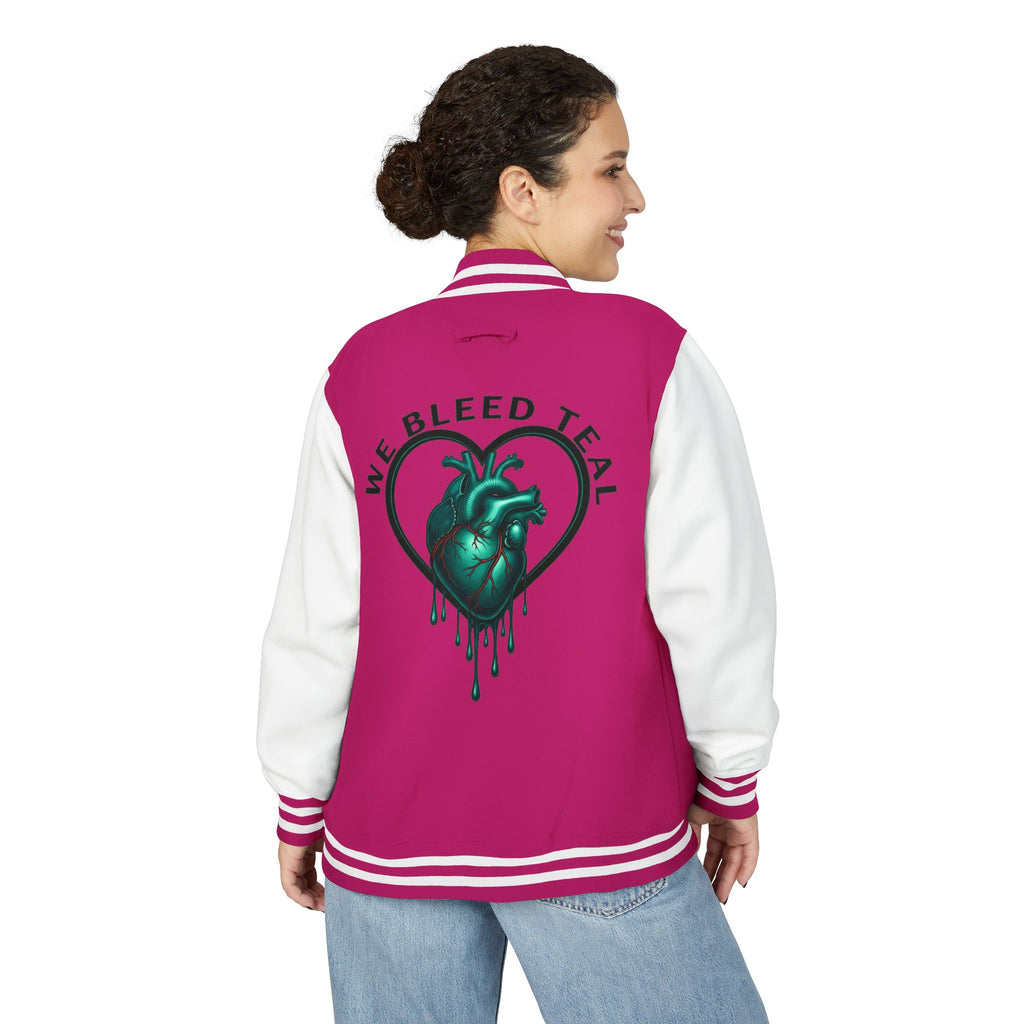 Unisex Heavyweight Letterman Jacket with We Bleed Teal Design | Comfort Wear for Game Day, Sports Events, Nostalgia Rides, [...]
