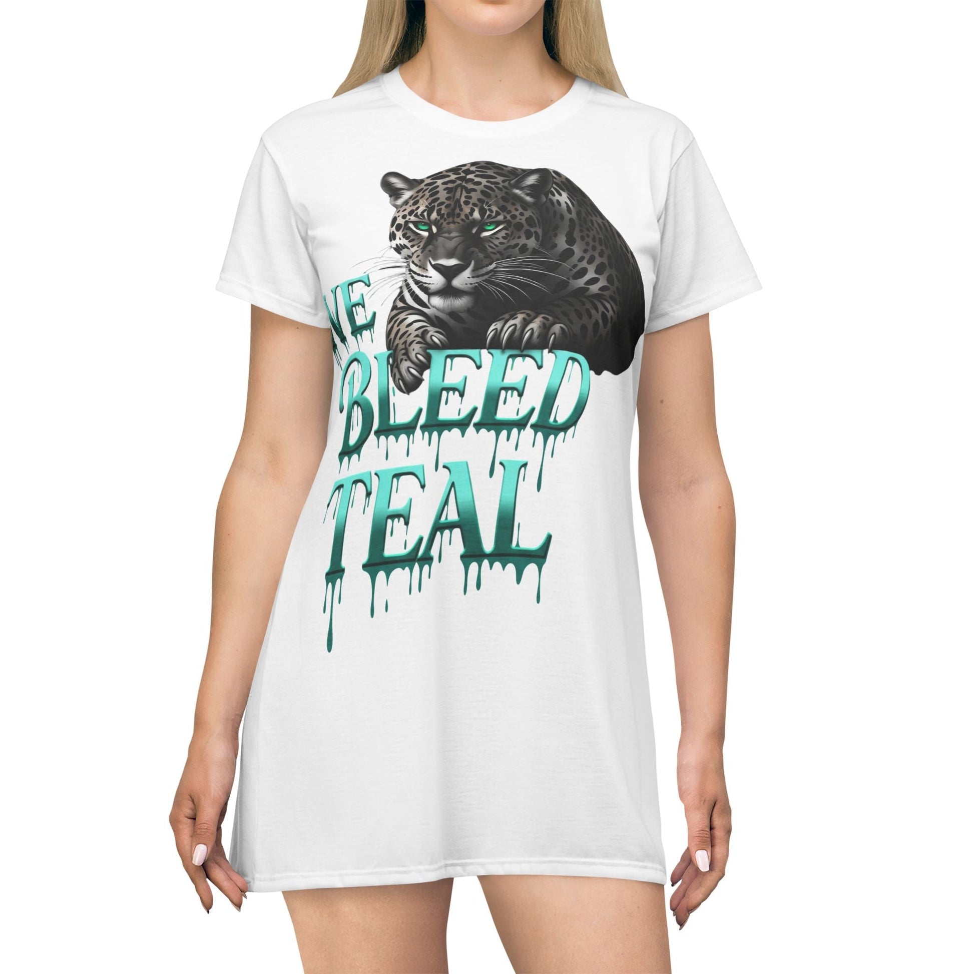 Teal Panther T-Shirt Dress, Teal and Black, Casual Dress, Animal Print Dress, Summer Outing Dress, Graphic Tee Dress Printify