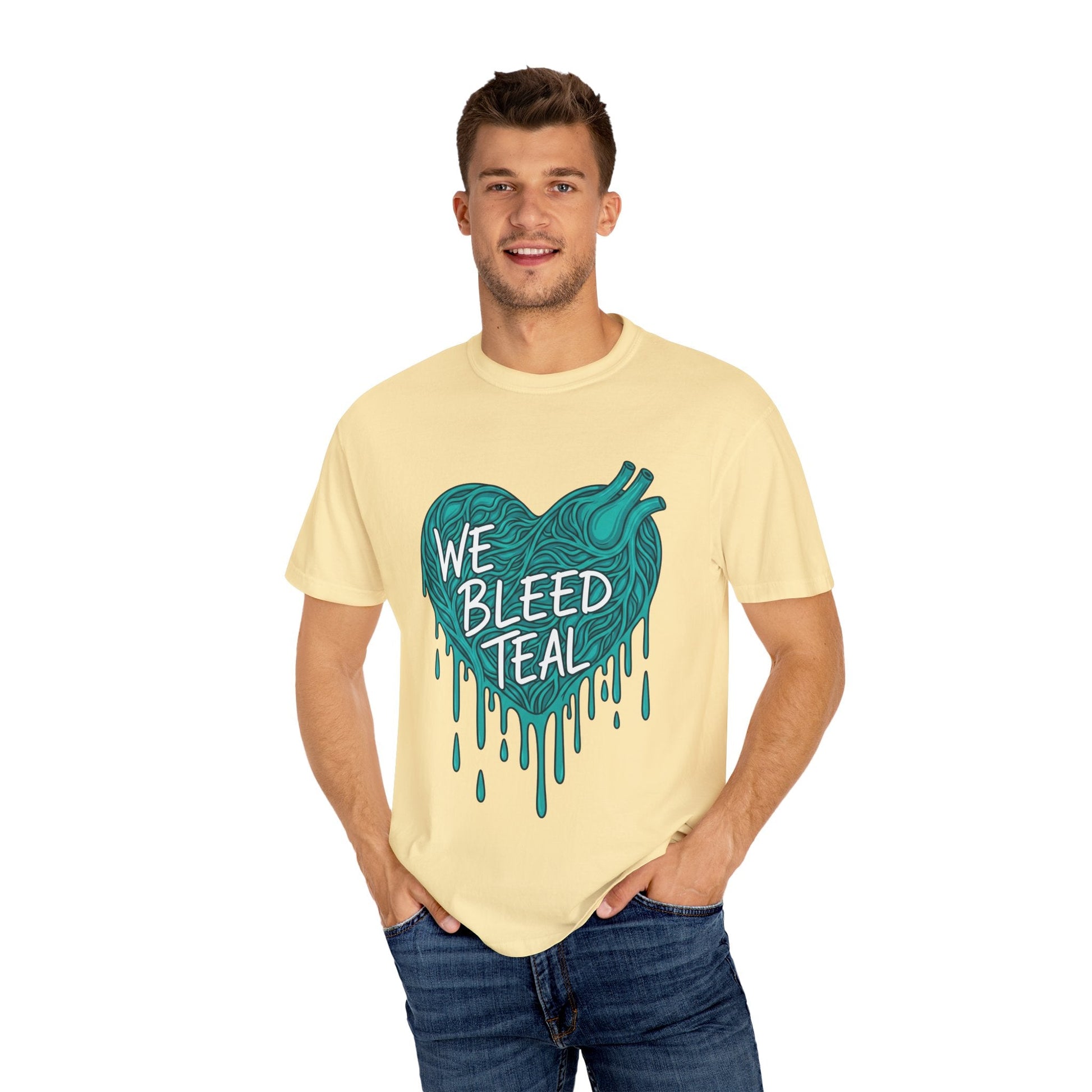Teal Heart Awareness T-Shirt, Supportive Gift for Friends, Unisex Casual Tee, Perfect for Awareness Events, WE BLEED TEAL Design Printify