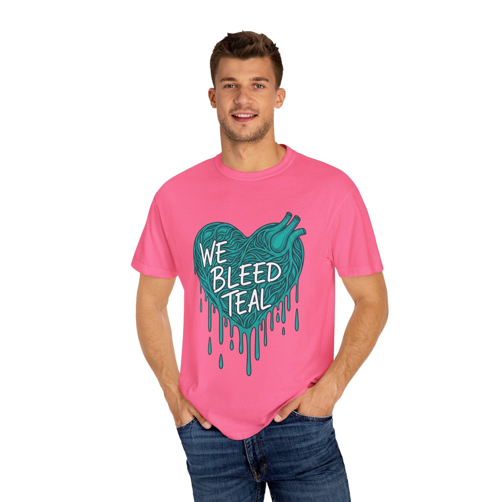 Teal Heart Awareness T-Shirt, Supportive Gift for Friends, Unisex Casual Tee, Perfect for Awareness Events, WE BLEED TEAL Design Printify