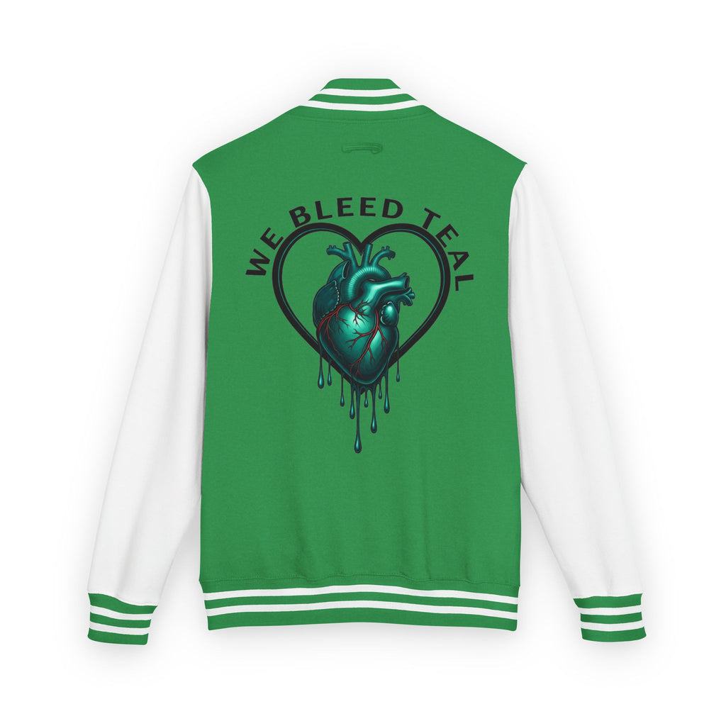 Unisex Heavyweight Letterman Jacket with We Bleed Teal Design | Comfort Wear for Game Day, Sports Events, Nostalgia Rides, [...]