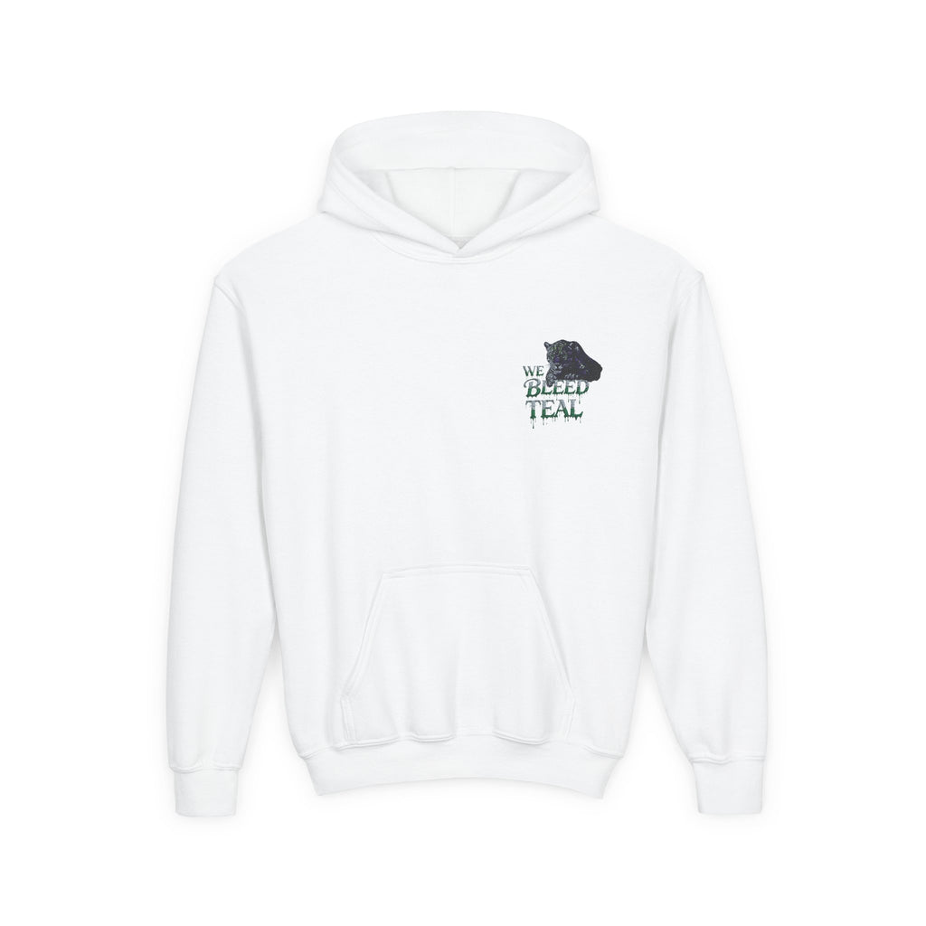 Youth Hooded Sweatshirt - Cozy Charm, Perfect for Teens, Gift for Birthdays, Casual Outfits, School Wear, We Bleed Teal Design