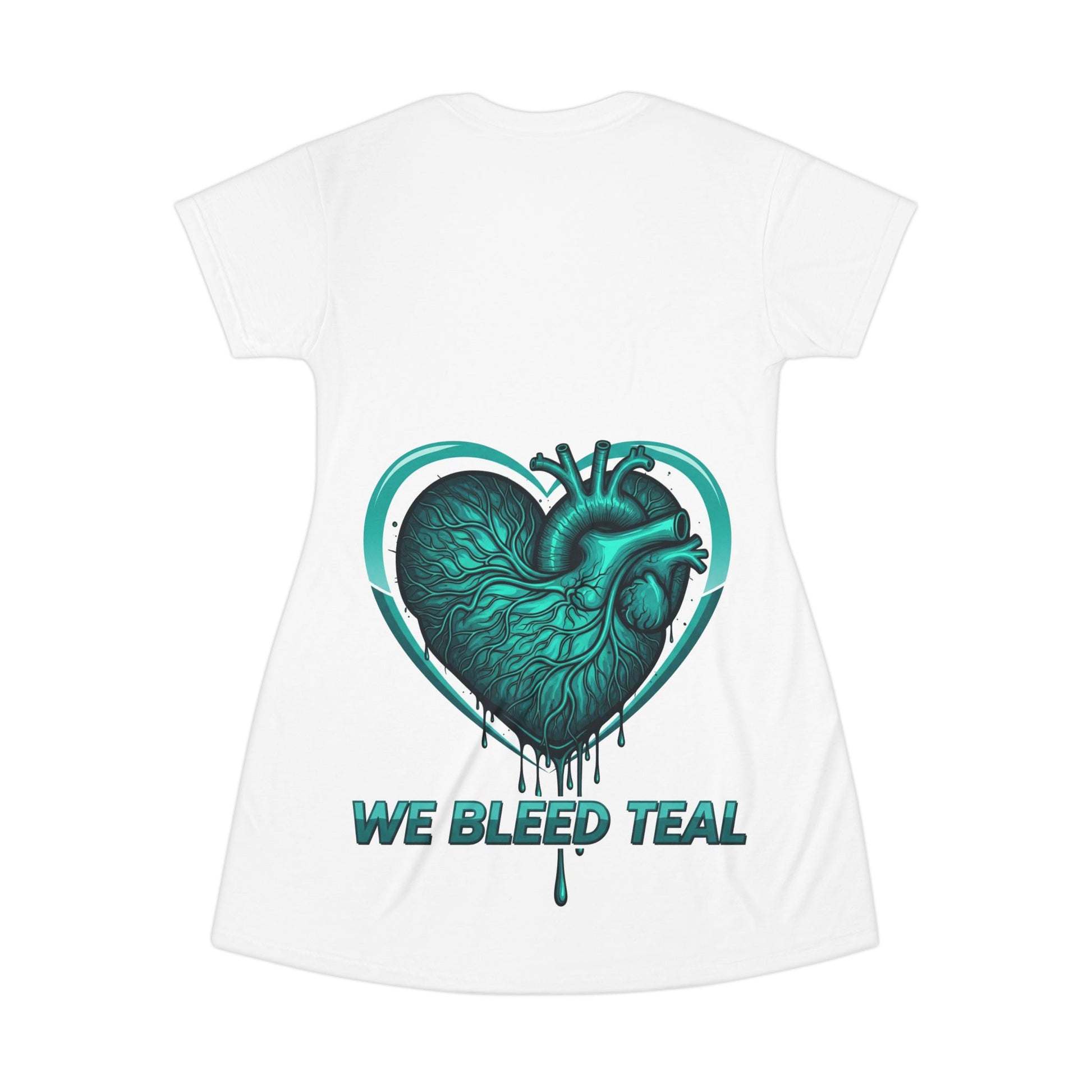 Teal Heart T-Shirt Dress, Casual Summer Dress, Gifts for Teal Lovers, Bleed Teal Apparel, Trendy Soft Dress, Perfect for Birthdays