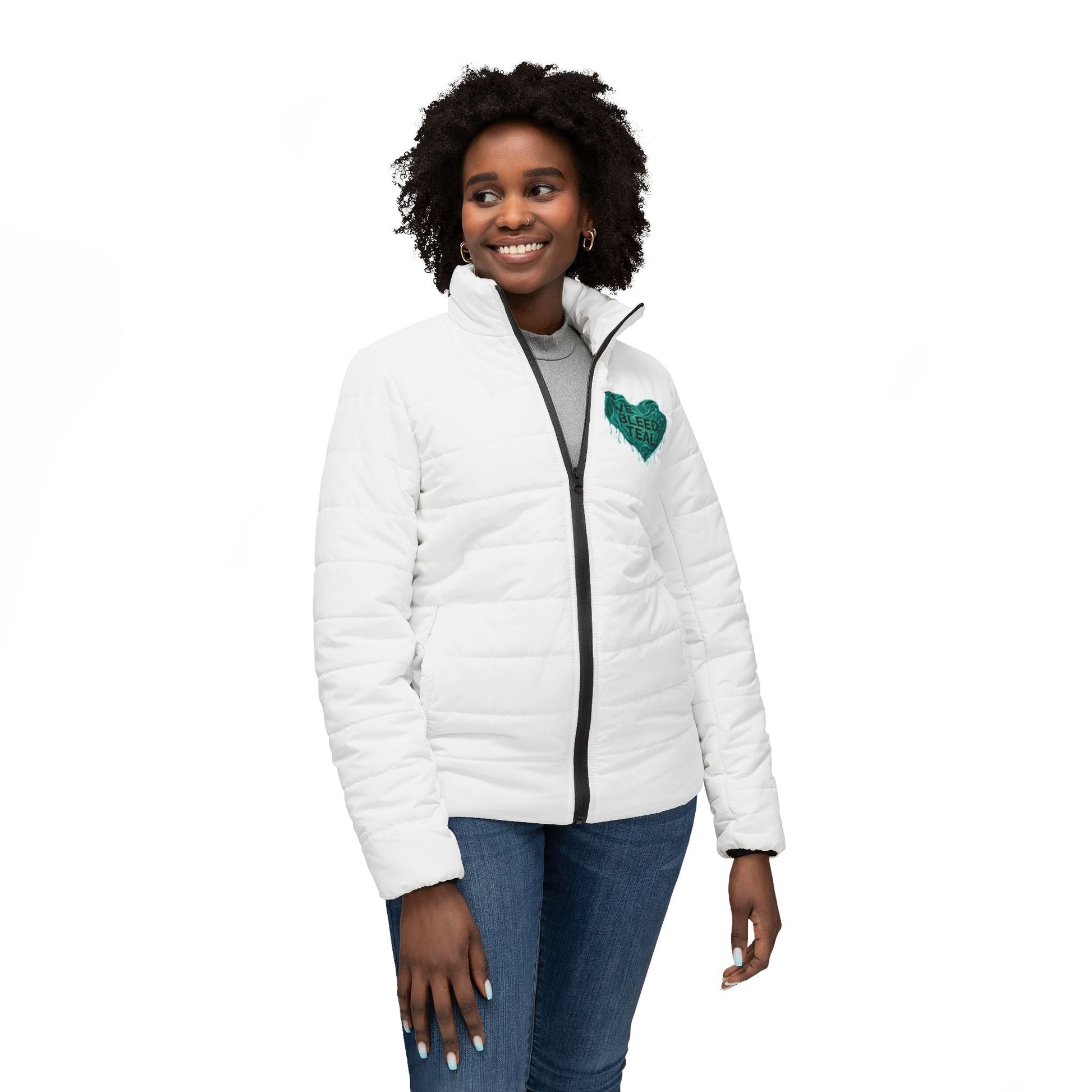 Teal Heart Women’s Puffer Jacket, Warm Winter Coat, Inspirational Outerwear, Teal Awareness, Gift for Her, Stylish Layering Jacket Printify