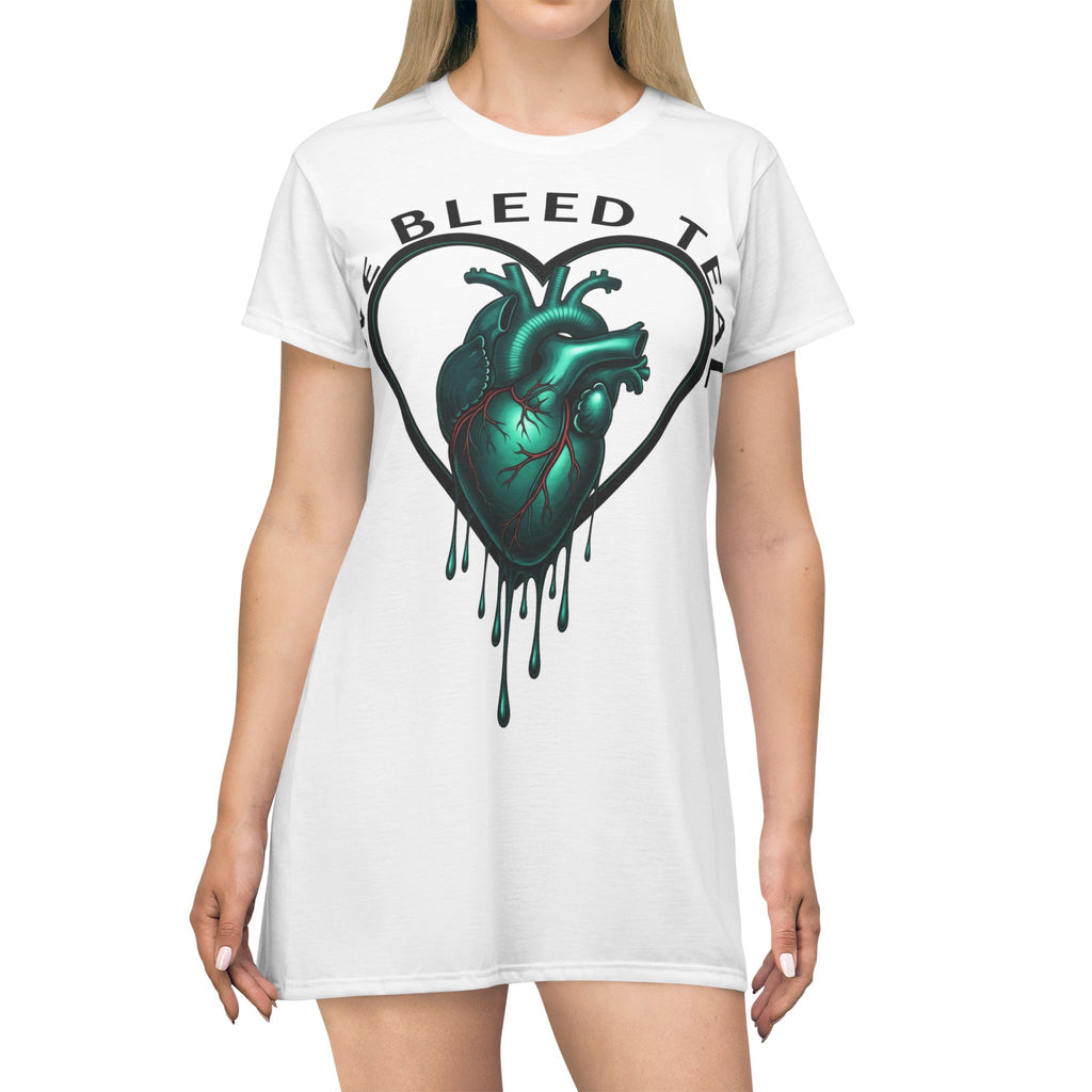 Teal Heart T-Shirt Dress - We Bleed Teal Statement Dress, Women's Casual Summer Outfit, Gift for Awareness, Eco-Friendly Fashion, Everyday Wear