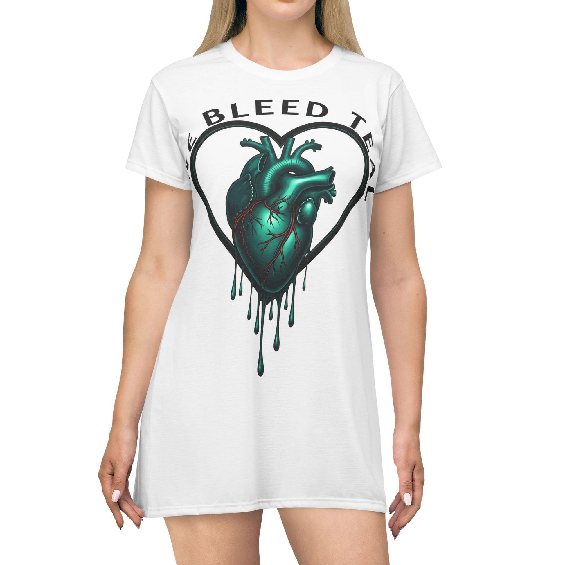Teal Heart T-Shirt Dress - We Bleed Teal Statement Dress, Women's Casual Summer Outfit, Gift for Awareness, Eco-Friendly Fashion, Everyday Wear