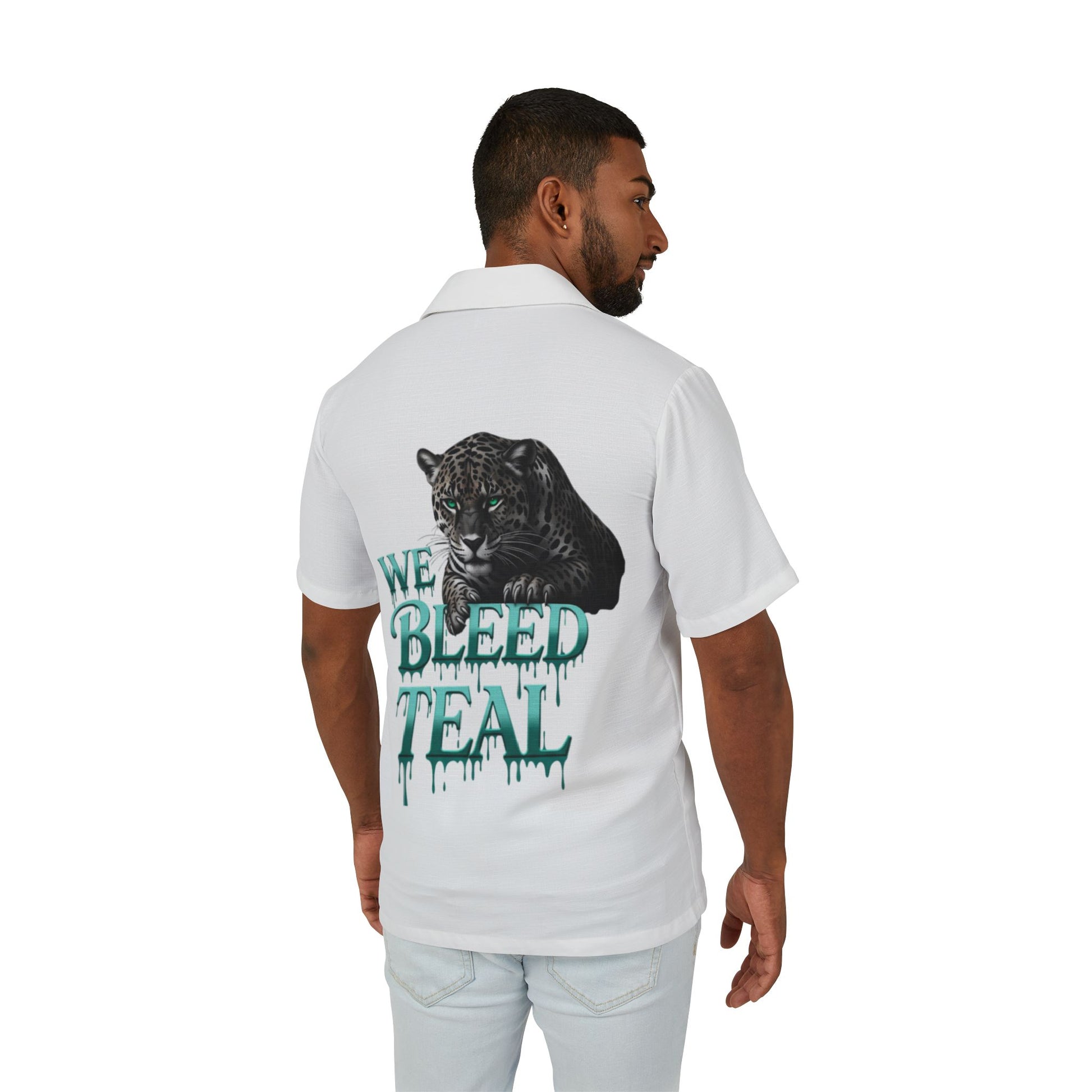 Men's Hawaiian Camp Shirt with Teal Bleed Design, Casual Summer Shirt, Vacation Wardrobe Essential, Unique Gift for Him, Beach Style Top