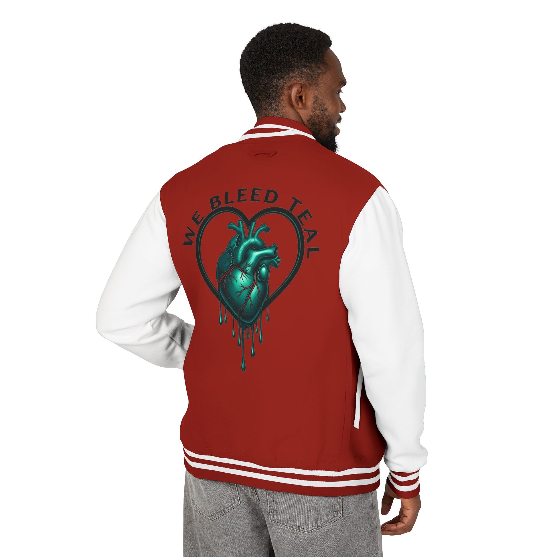 Unisex Heavyweight Letterman Jacket with We Bleed Teal Design | Comfort Wear for Game Day, Sports Events, Nostalgia Rides, [...]