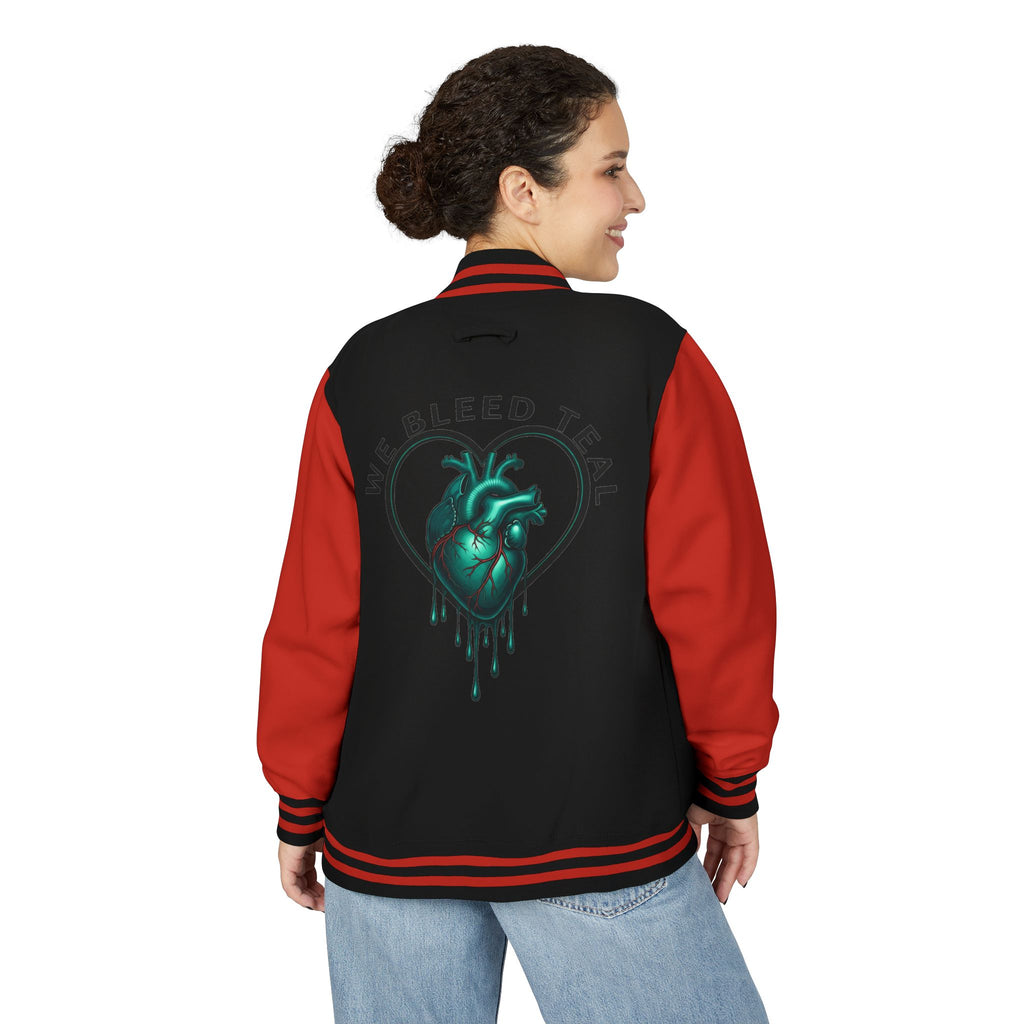 Unisex Heavyweight Letterman Jacket with We Bleed Teal Design | Comfort Wear for Game Day, Sports Events, Nostalgia Rides, [...]
