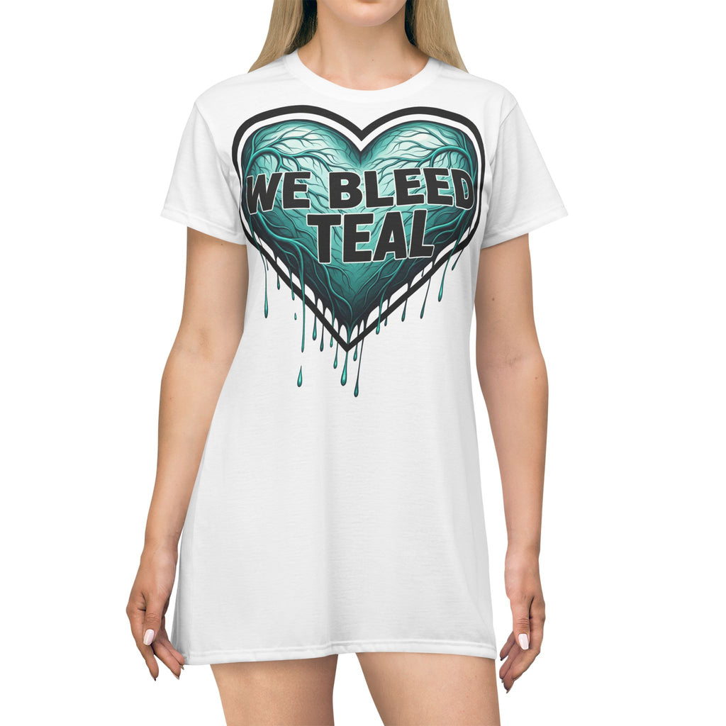 Teal Heart Graphic T-Shirt Dress, Casual Summer Dress, Heart Awareness Dress, Gift for Teal Lovers, Unique AOP Fashion
