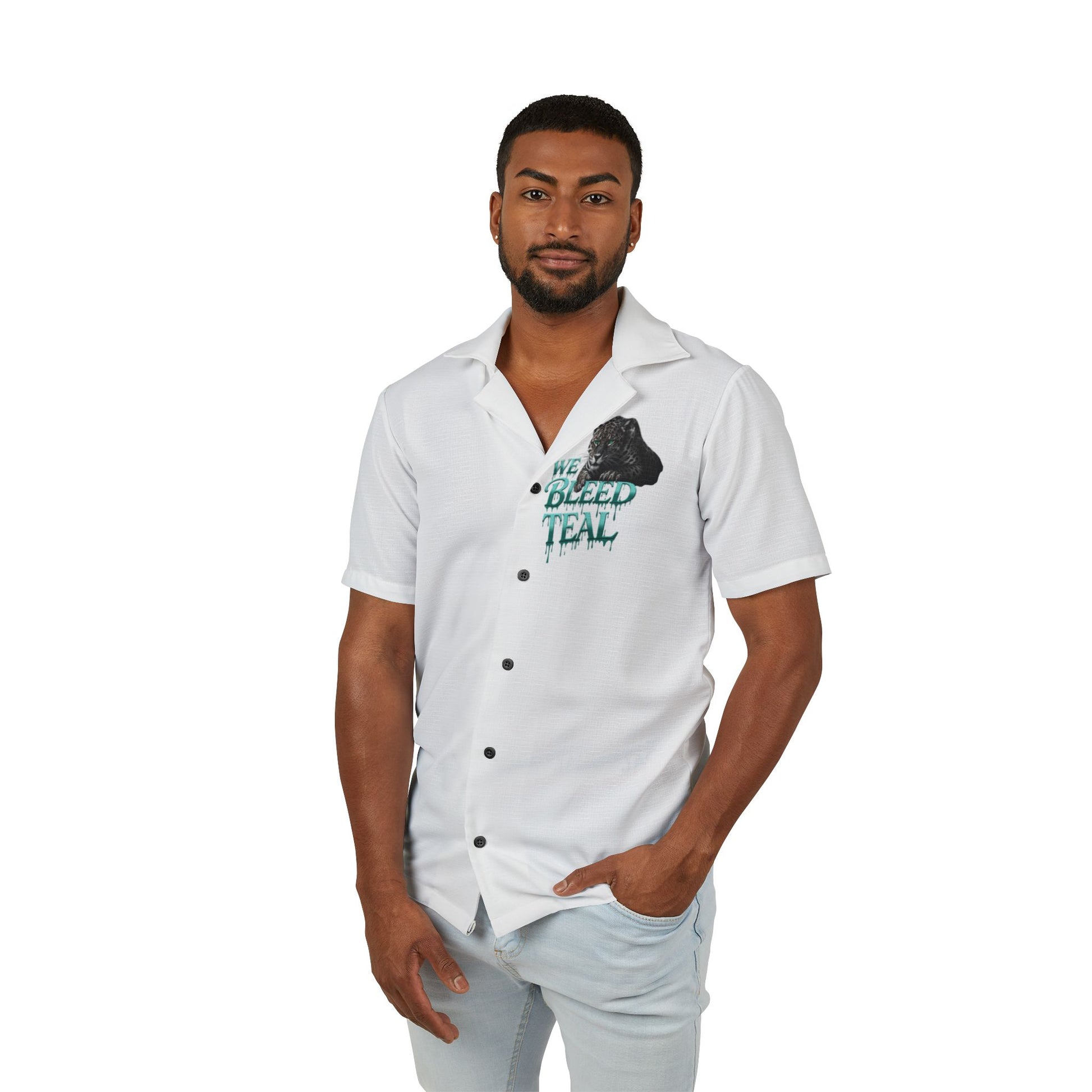 Men's Hawaiian Camp Shirt with Teal Bleed Design, Casual Summer Shirt, Vacation Wardrobe Essential, Unique Gift for Him, Beach Style Top