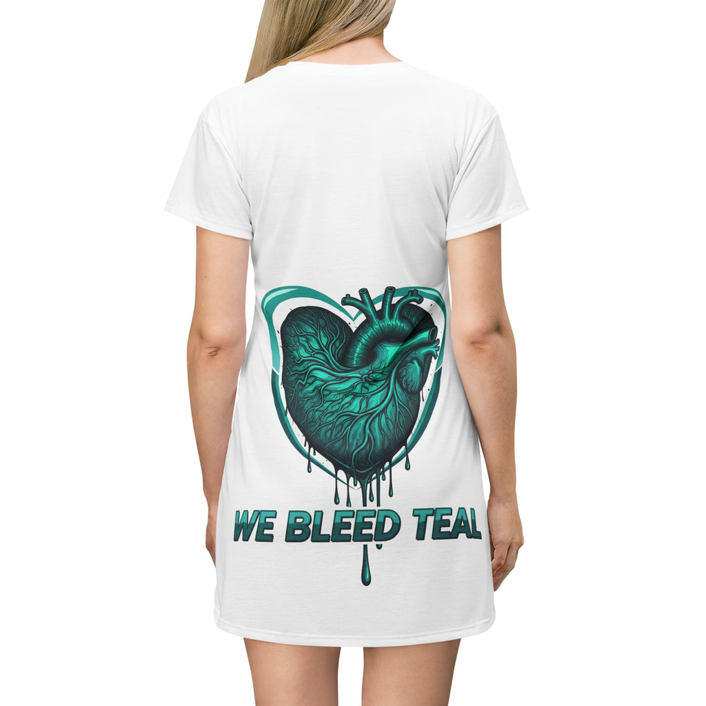Teal Heart T-Shirt Dress, Casual Summer Dress, Gifts for Teal Lovers, Bleed Teal Apparel, Trendy Soft Dress, Perfect for Birthdays